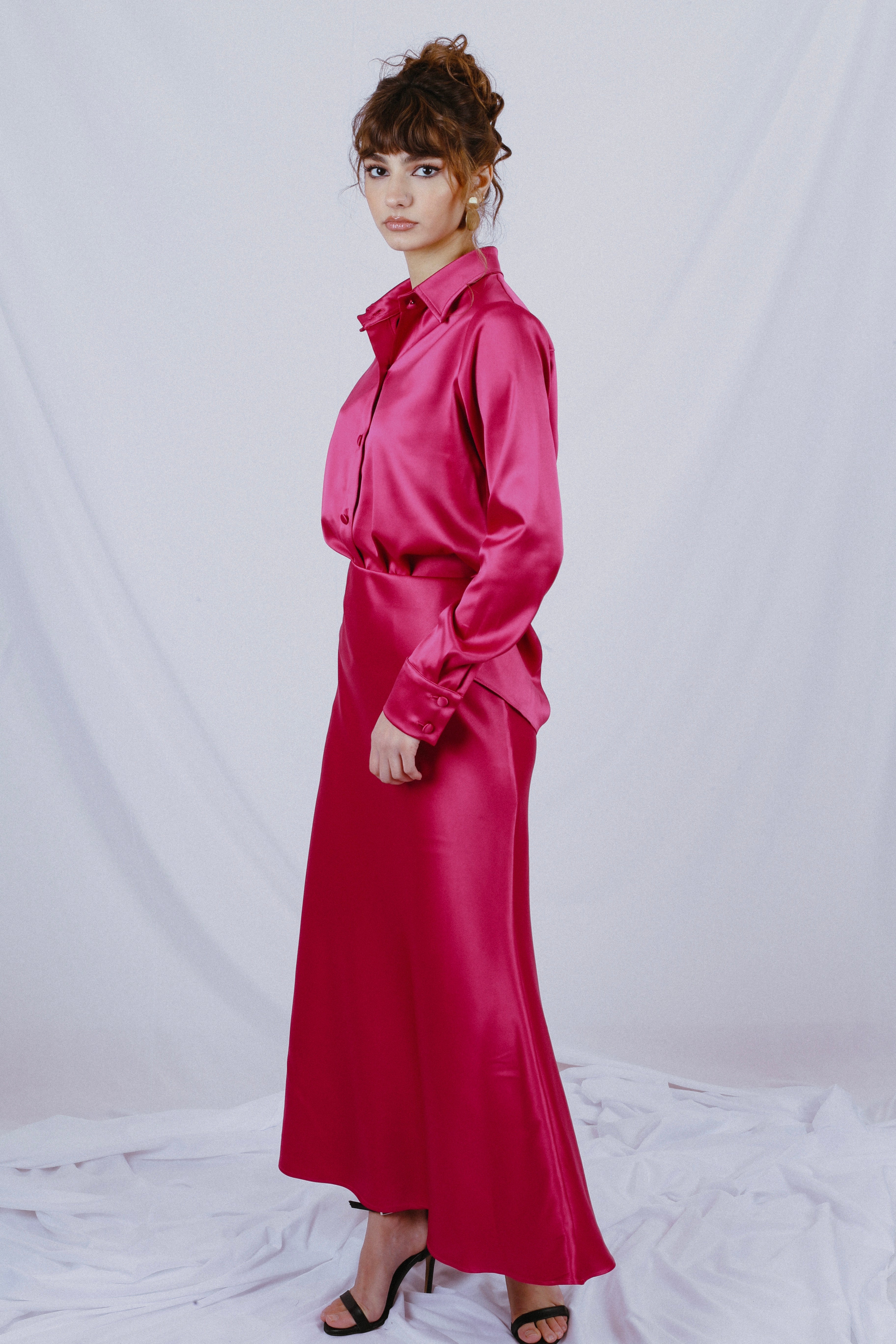 Satin Shirt and skirt CO-ORD - Fuchsia