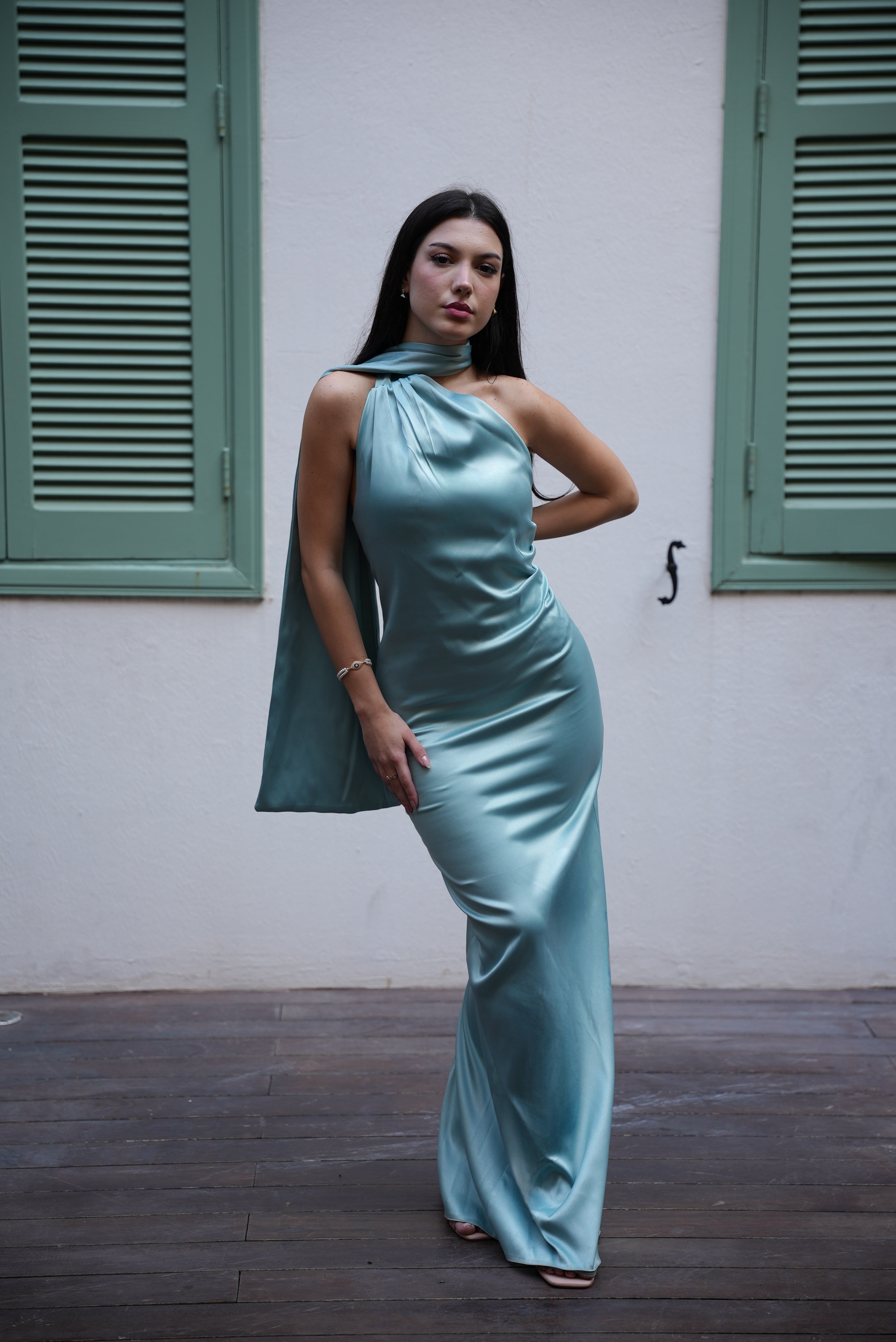 Satin Asymmetric Scarf Dress - Mint