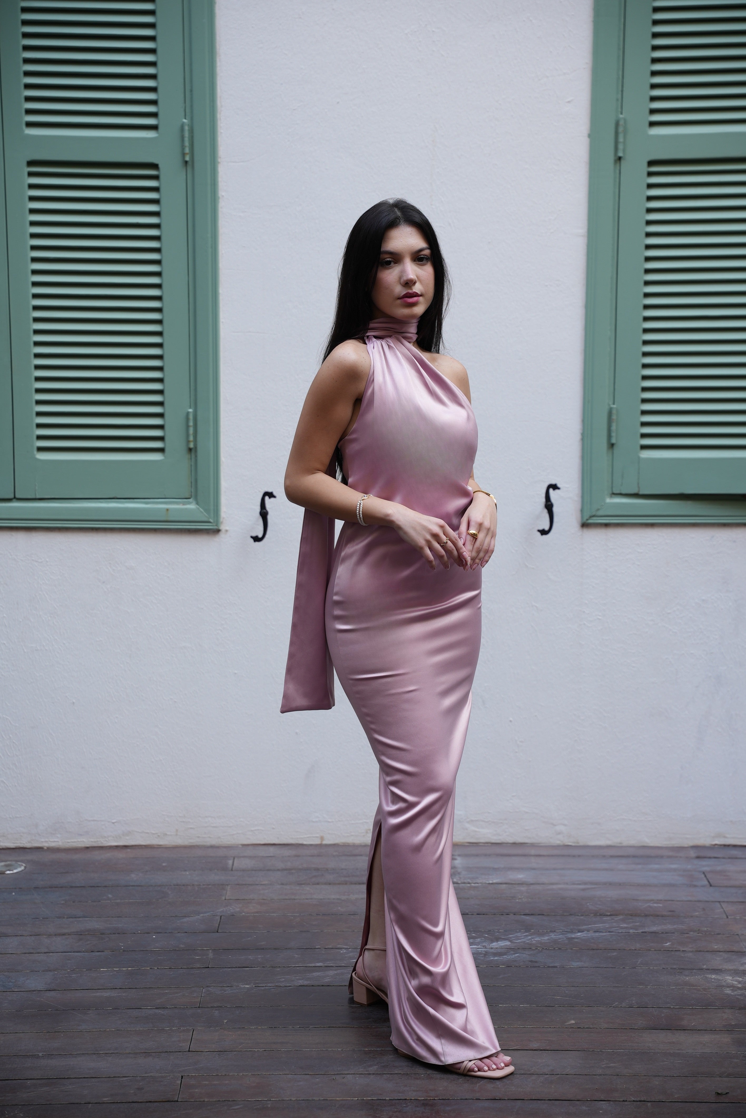Satin Asymmetric Scarf Dress - Pink
