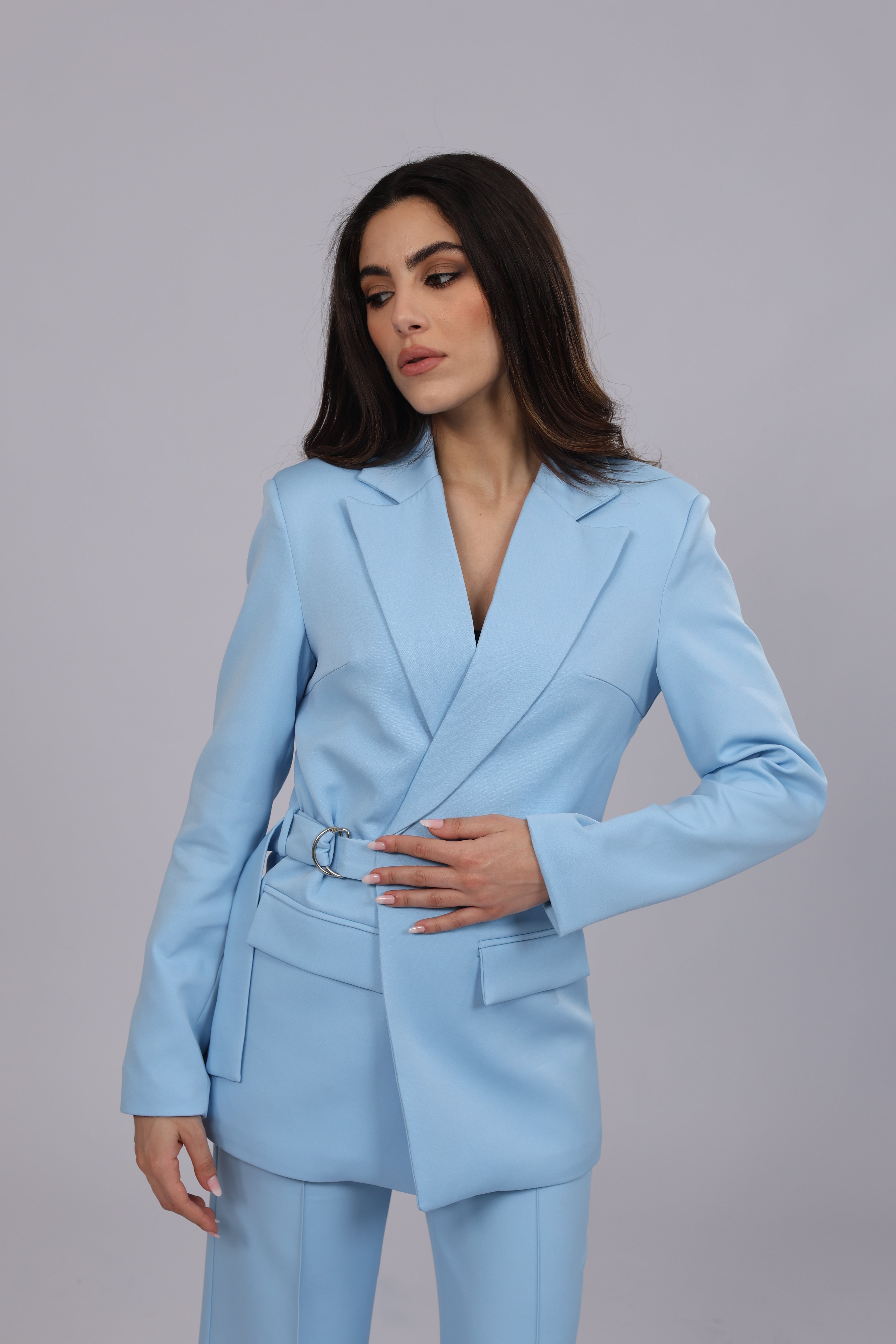 Metal Buckle Belted Suit - Light Blue