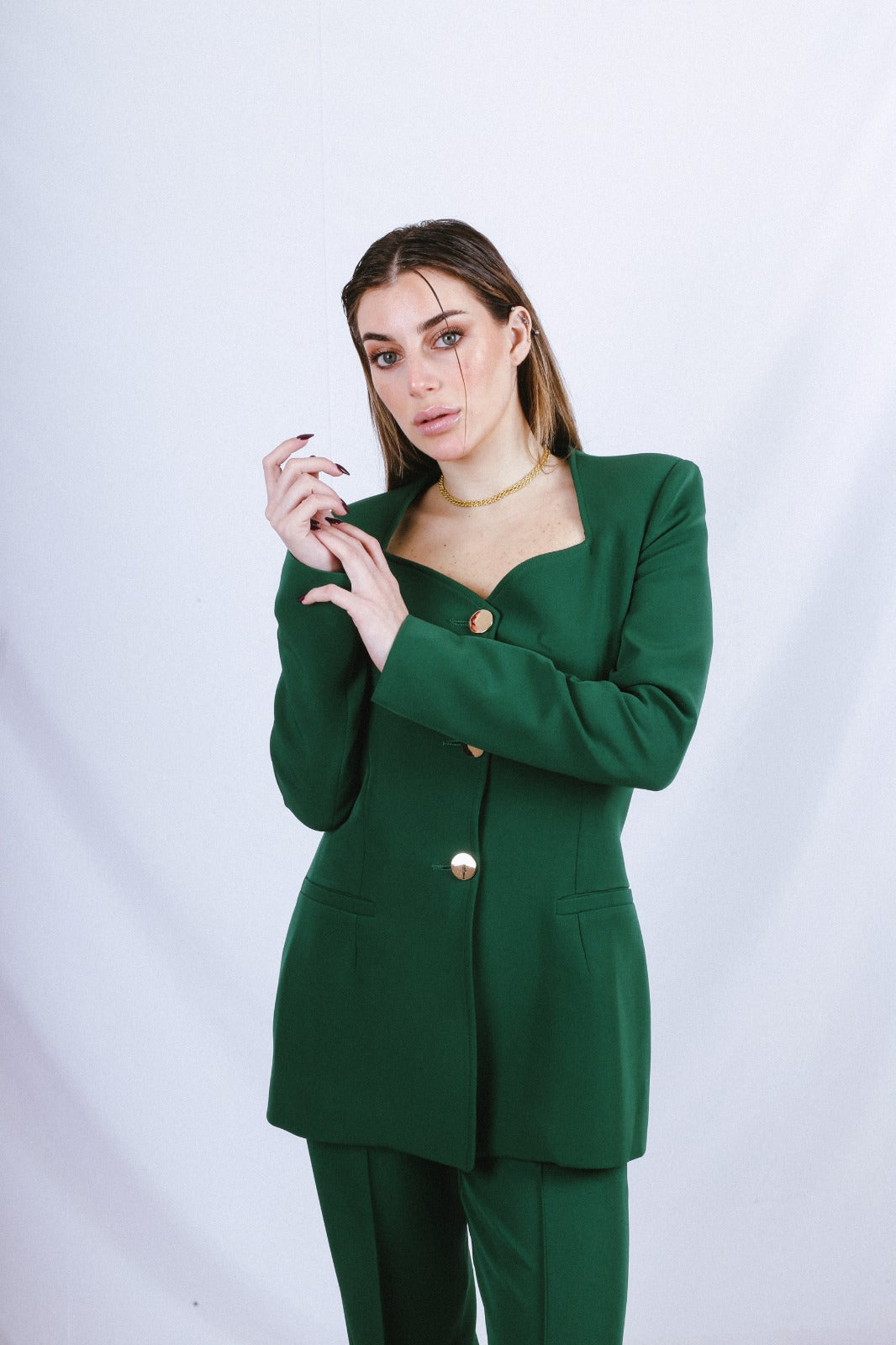 Heart Neck Blazer Suit - Emerald Green