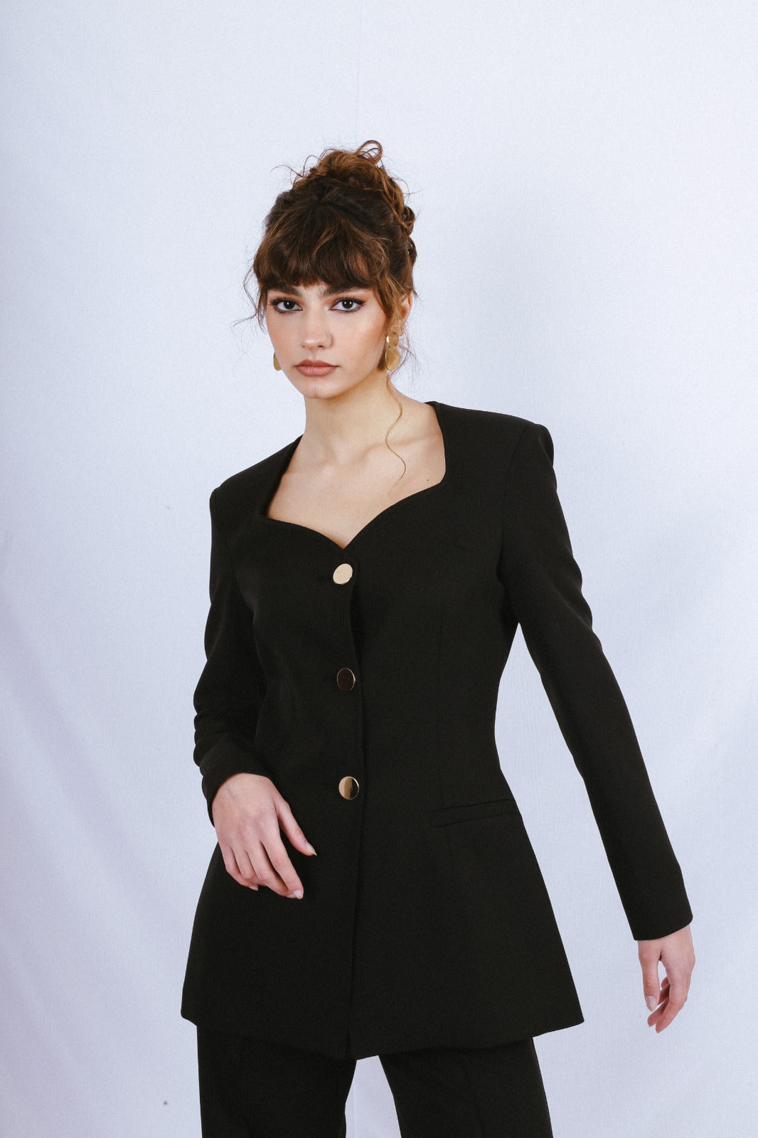 Heart Neck Blazer Suit - Black