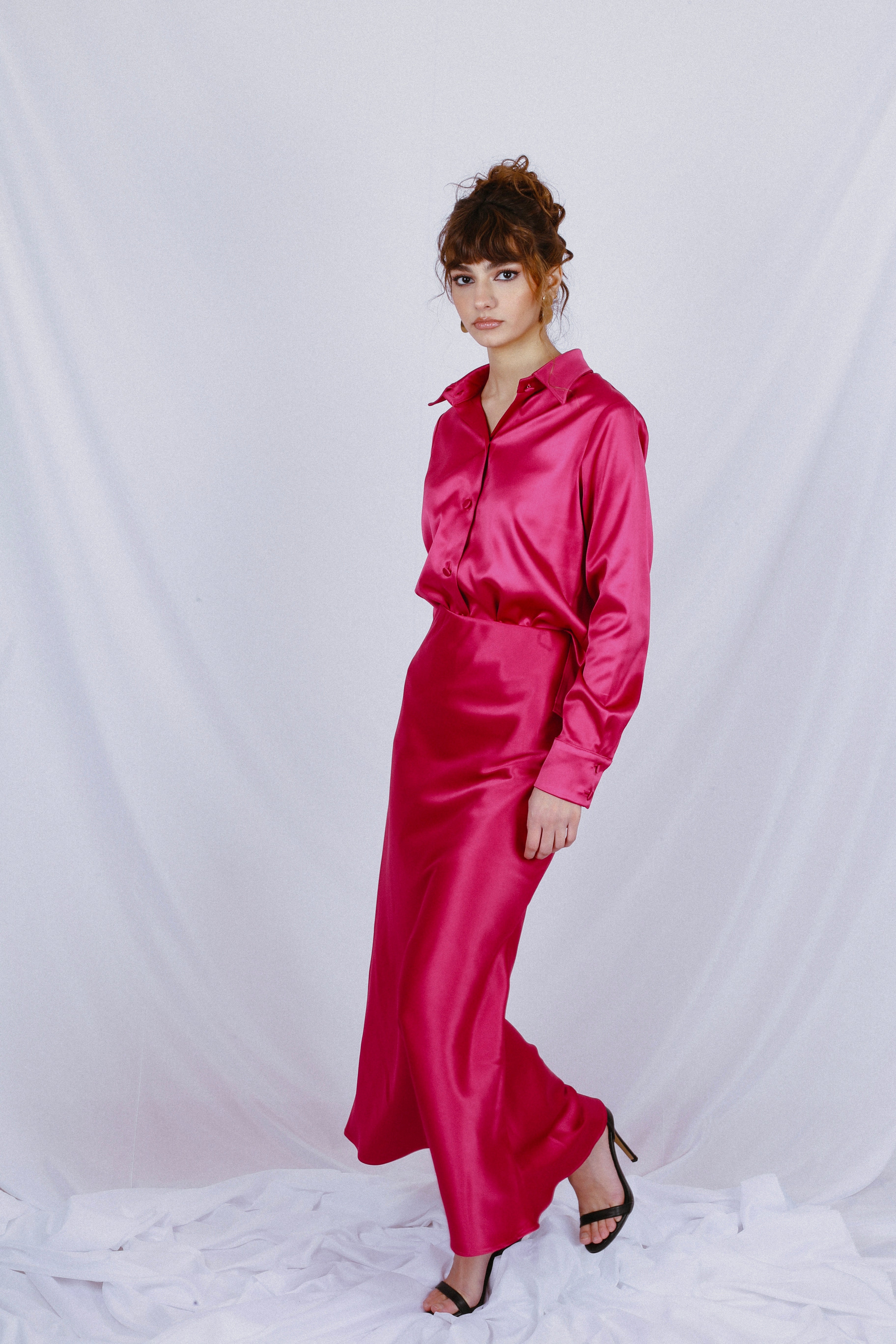 Satin Shirt and skirt CO-ORD - Fuchsia