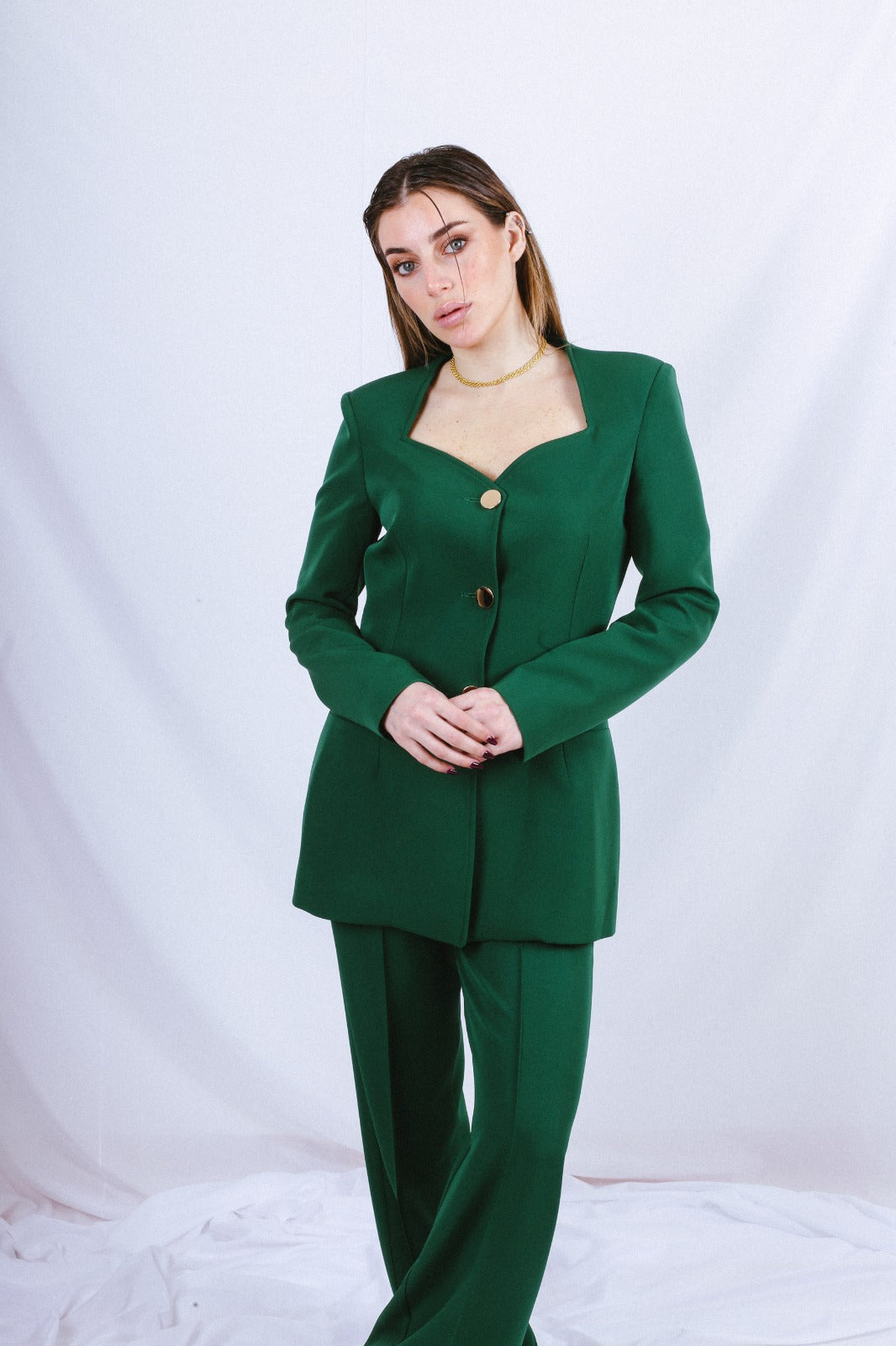 Heart Neck Blazer Suit - Emerald Green
