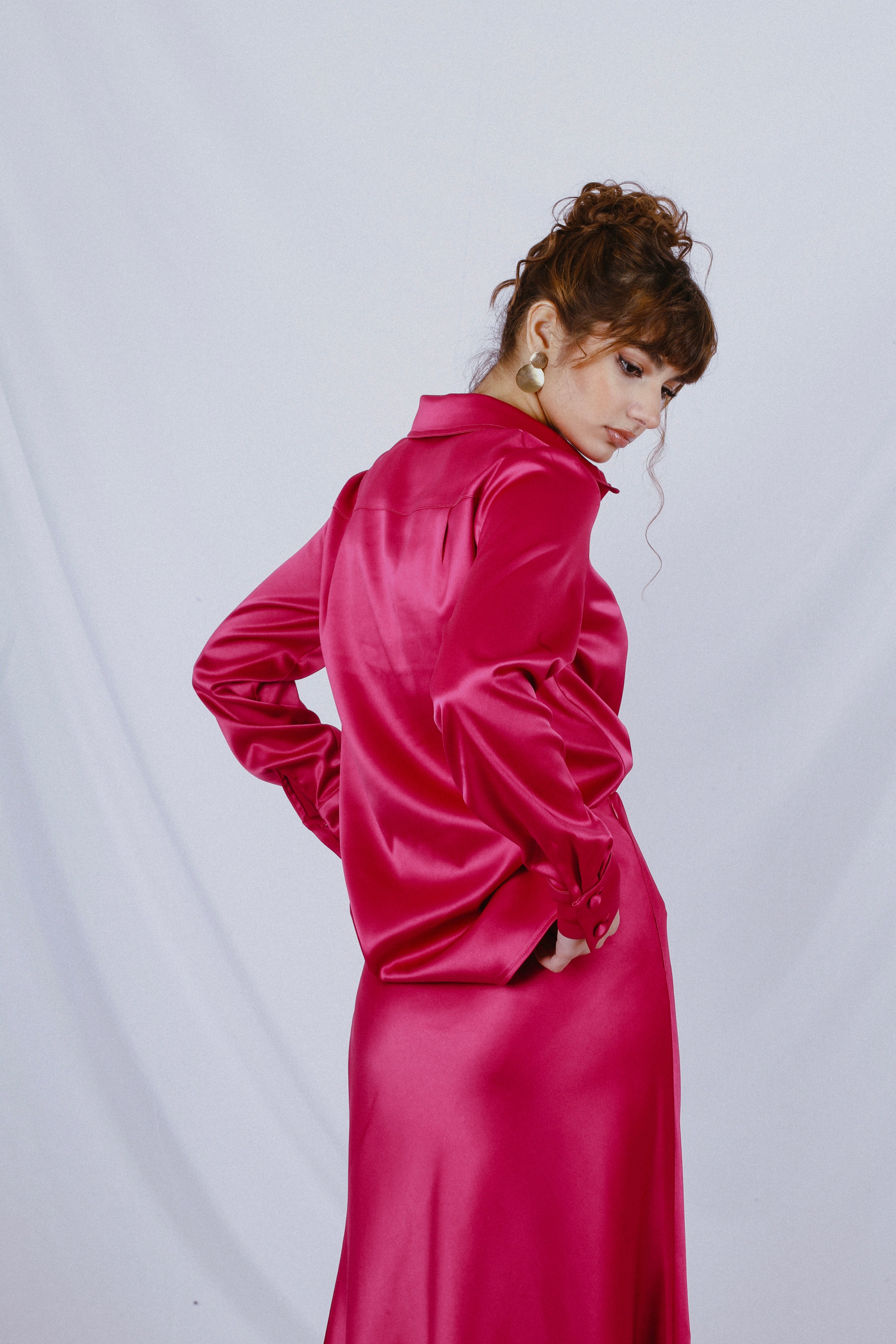 Satin Shirt and skirt CO-ORD - Fuchsia