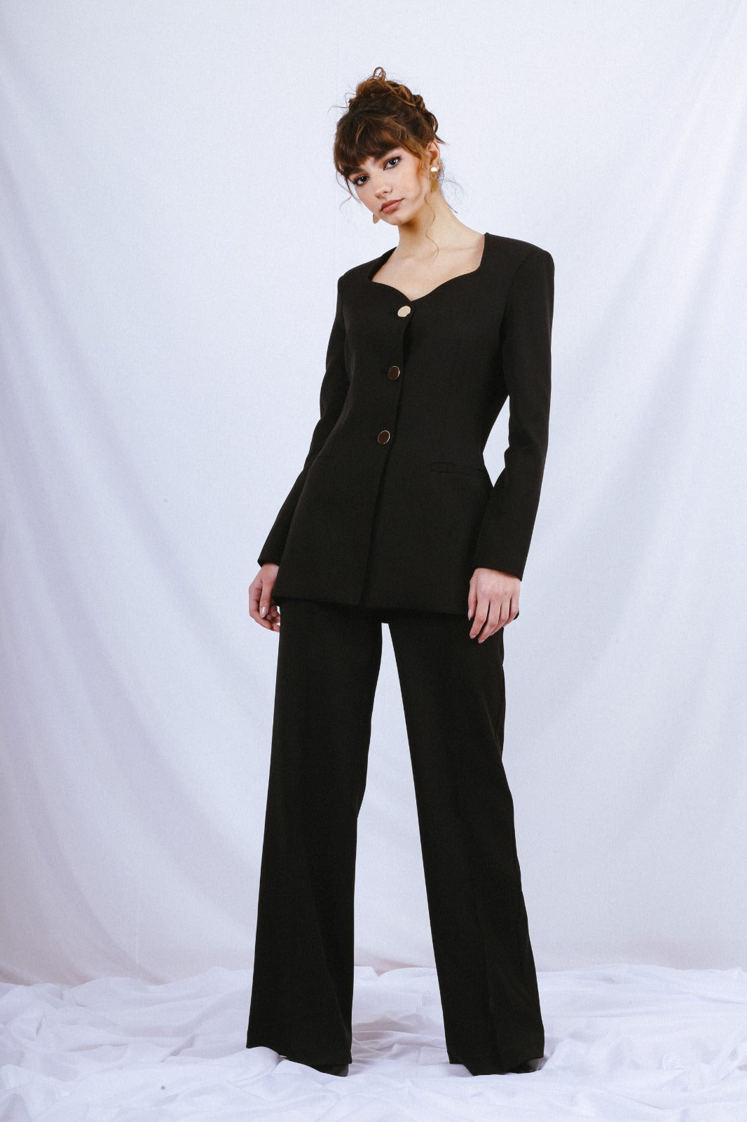 Heart Neck Blazer Suit - Black