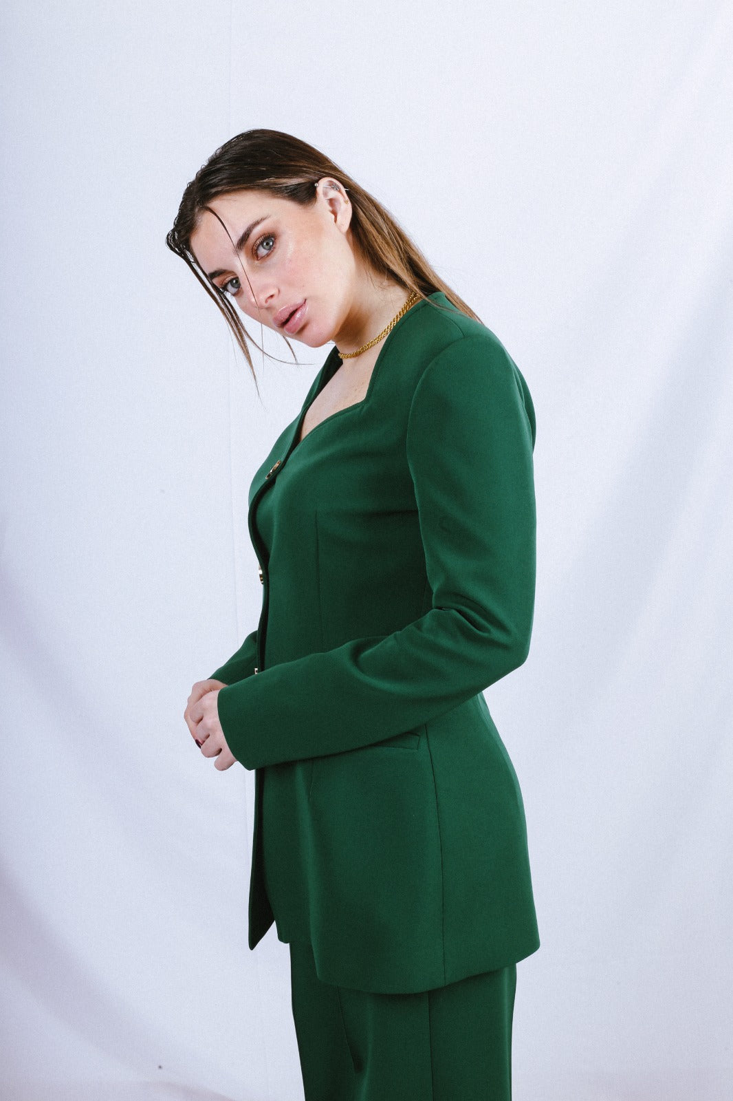 Heart Neck Blazer Suit - Emerald Green
