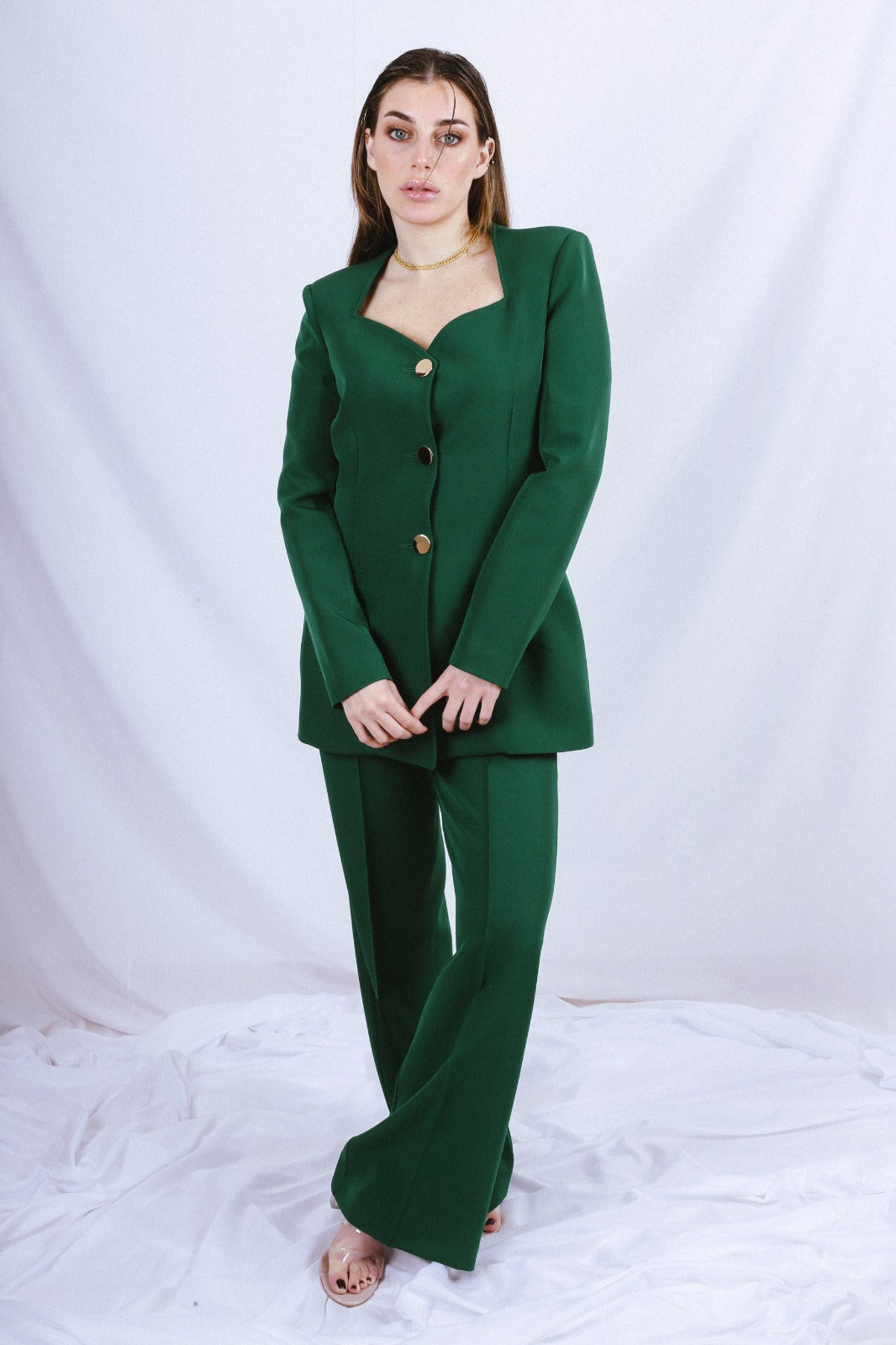Heart Neck Blazer Suit - Emerald Green