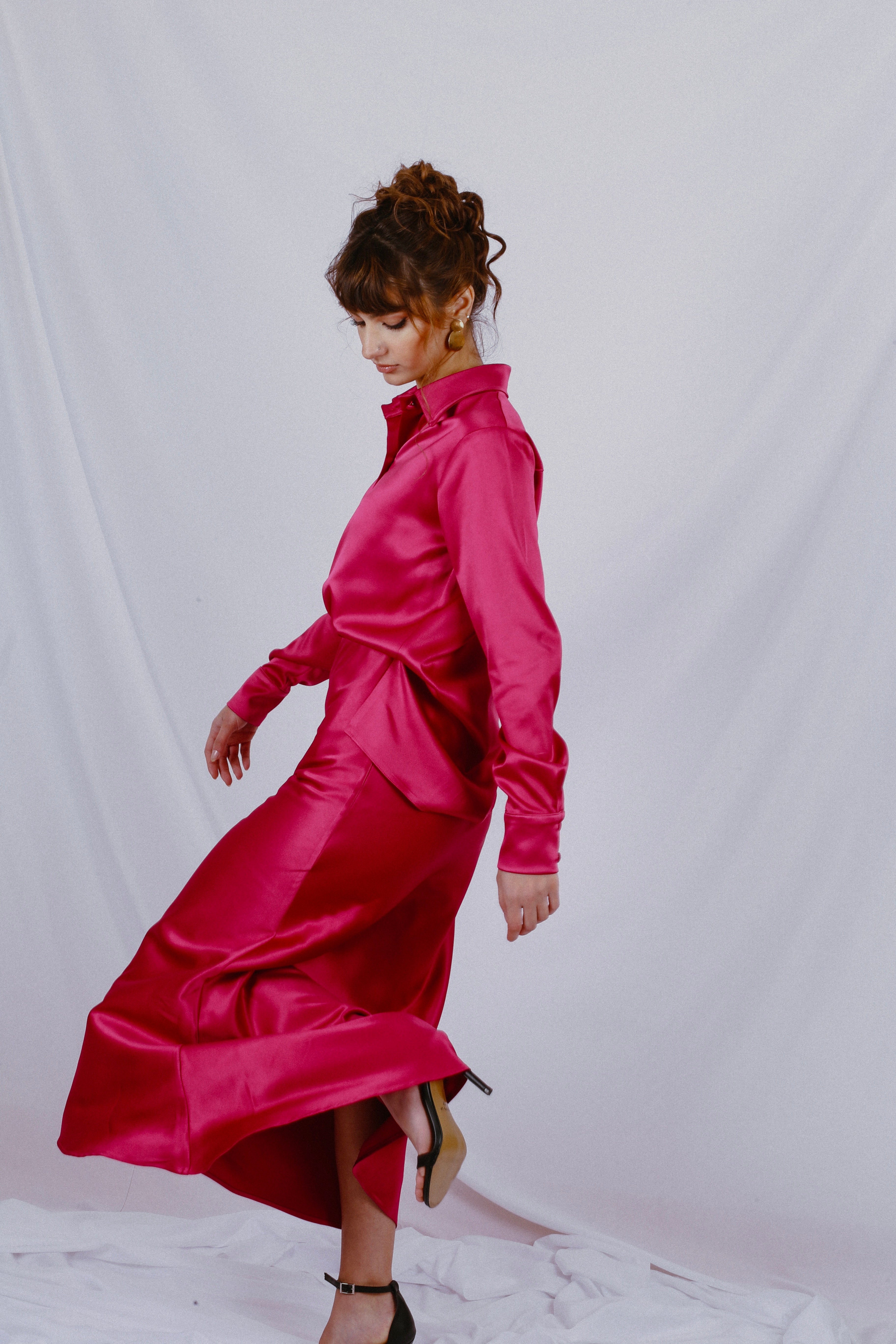 Satin Shirt and skirt CO-ORD - Fuchsia