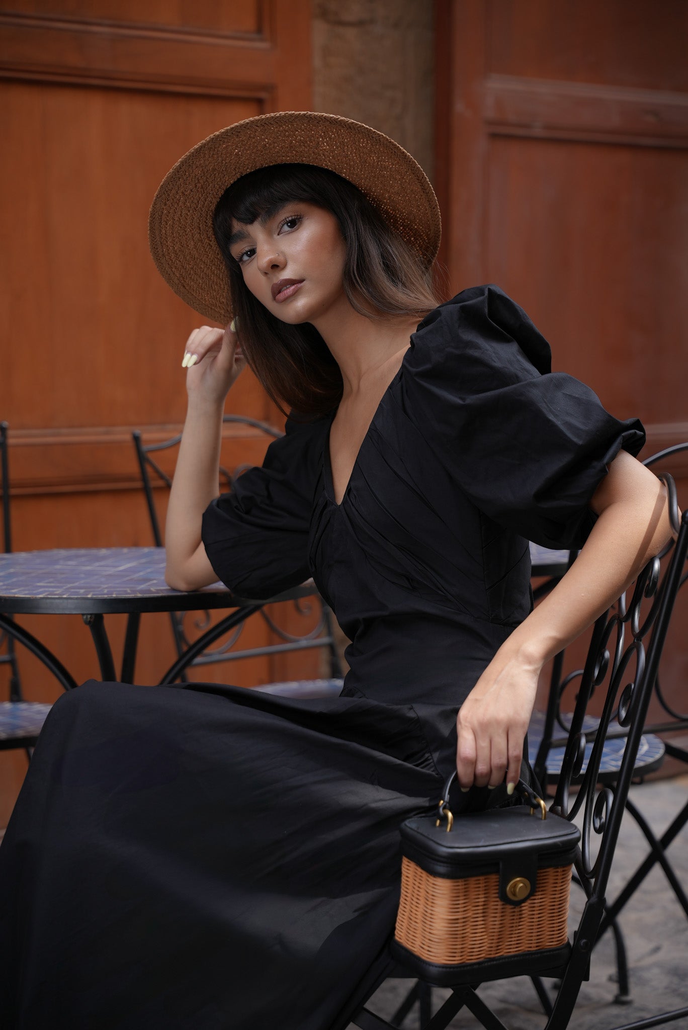 Poplin Pleated Midi Dress - Black