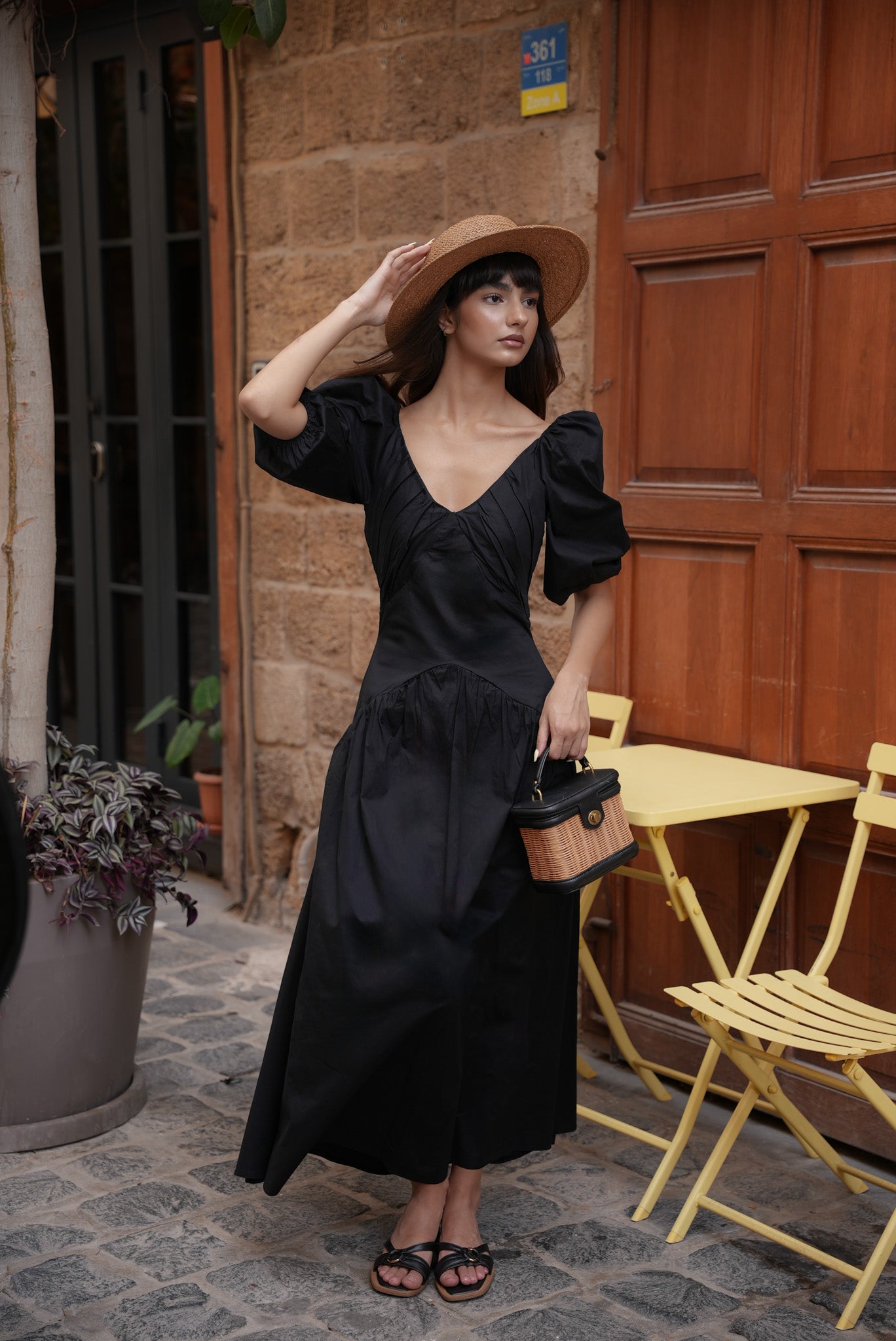 Poplin Pleated Midi Dress - Black