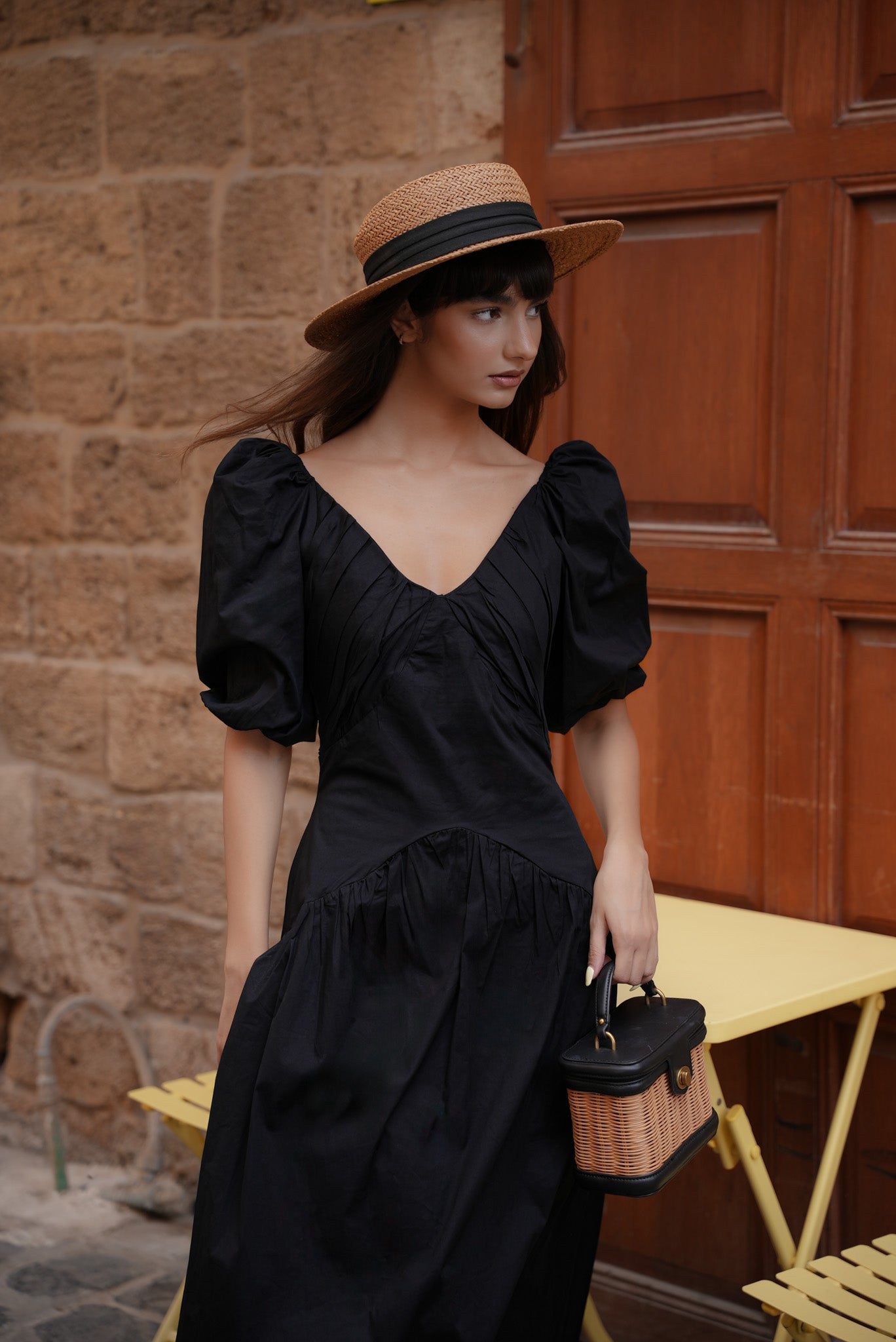 Poplin Pleated Midi Dress - Black