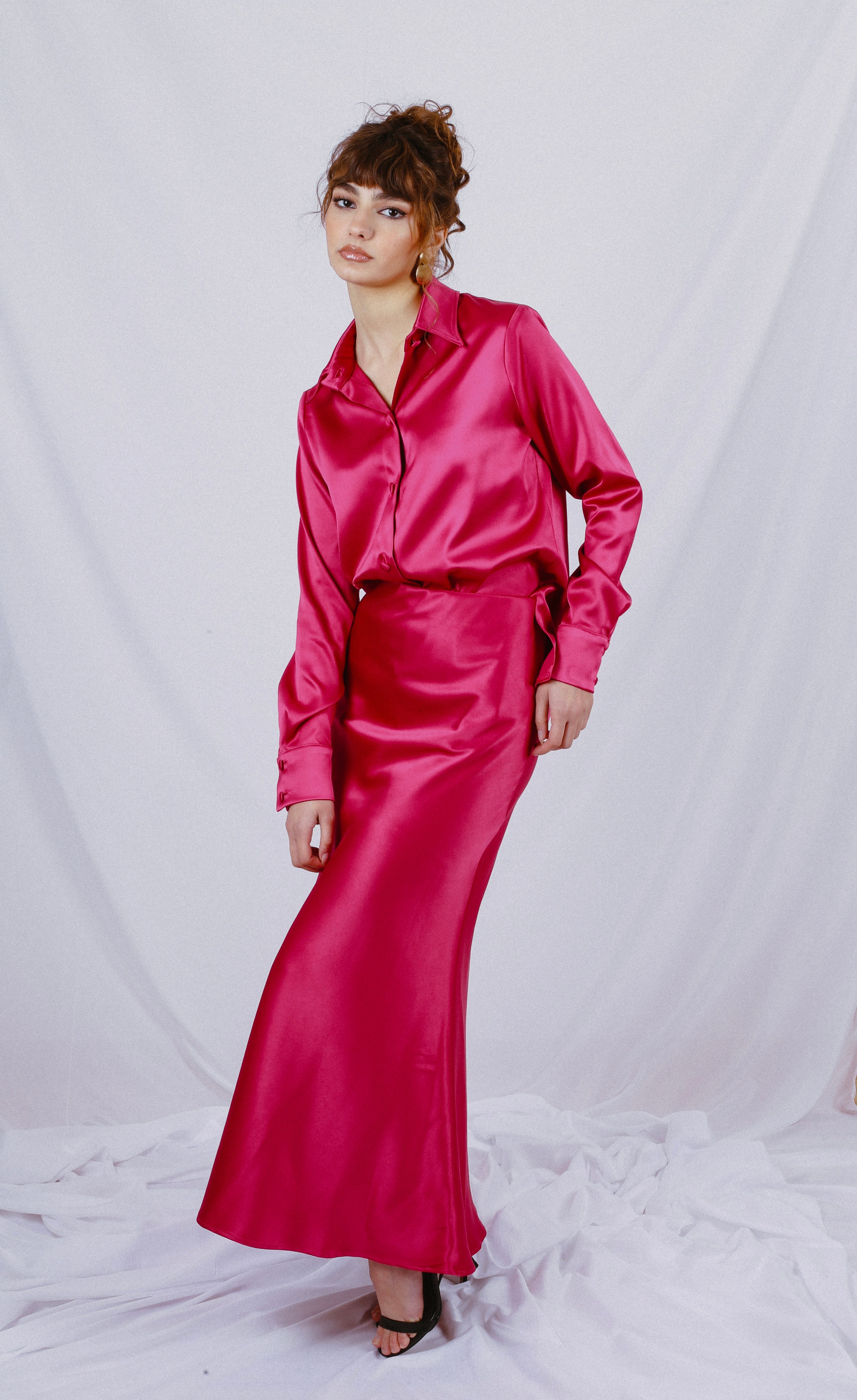Satin Shirt and skirt CO-ORD - Fuchsia