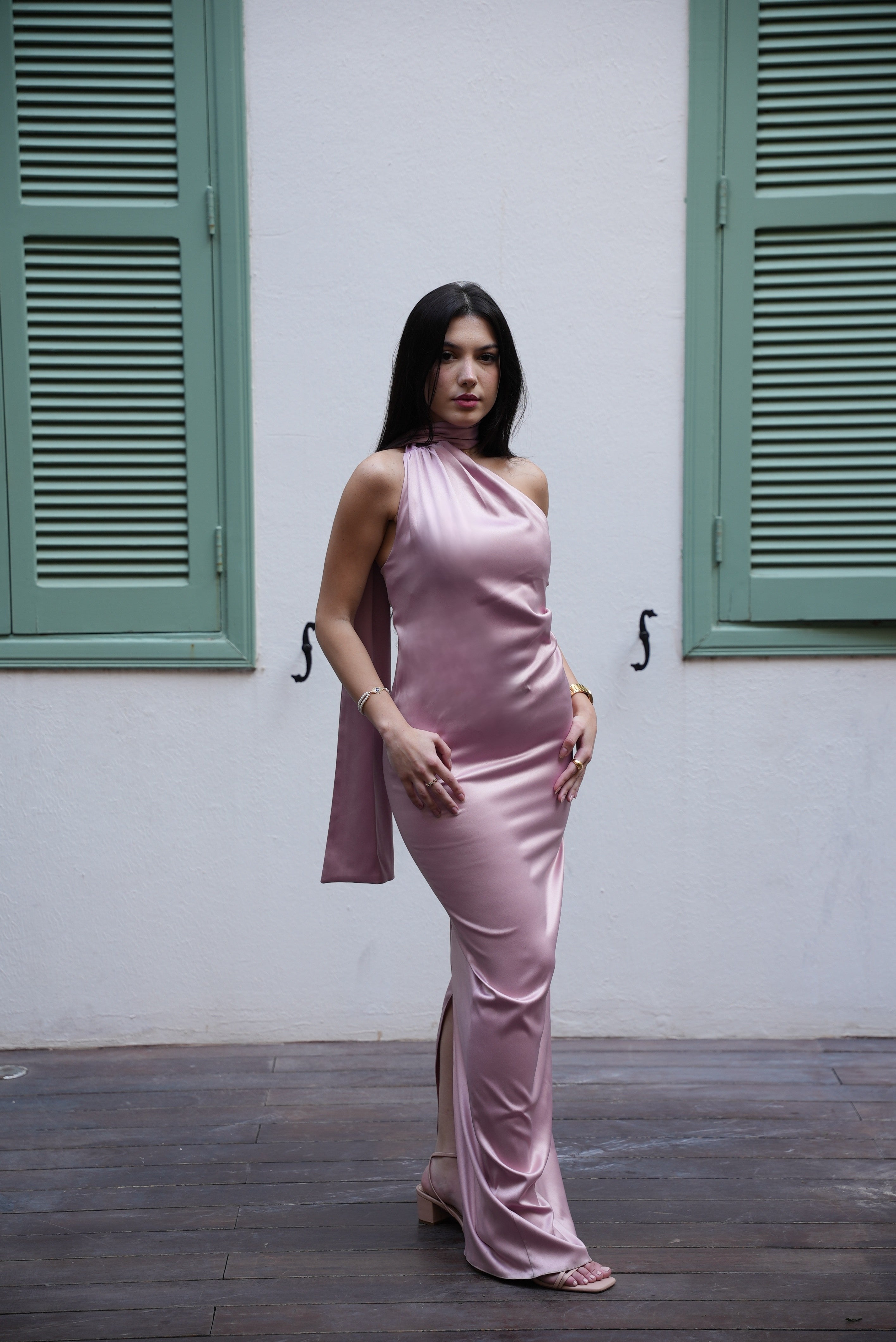 Satin Asymmetric Scarf Dress - Pink