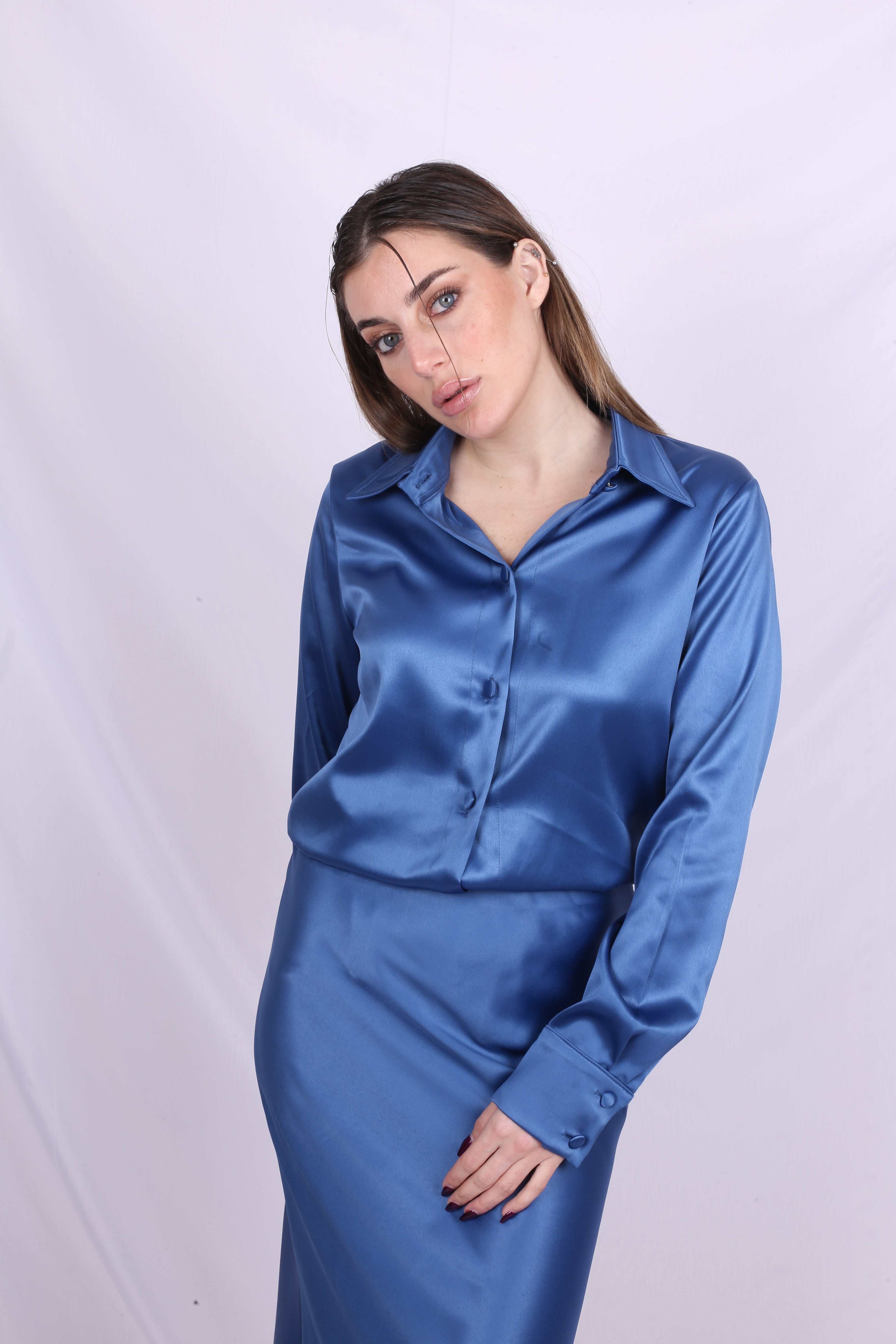 Satin Shirt and skirt CO-ORD - Electric Blue