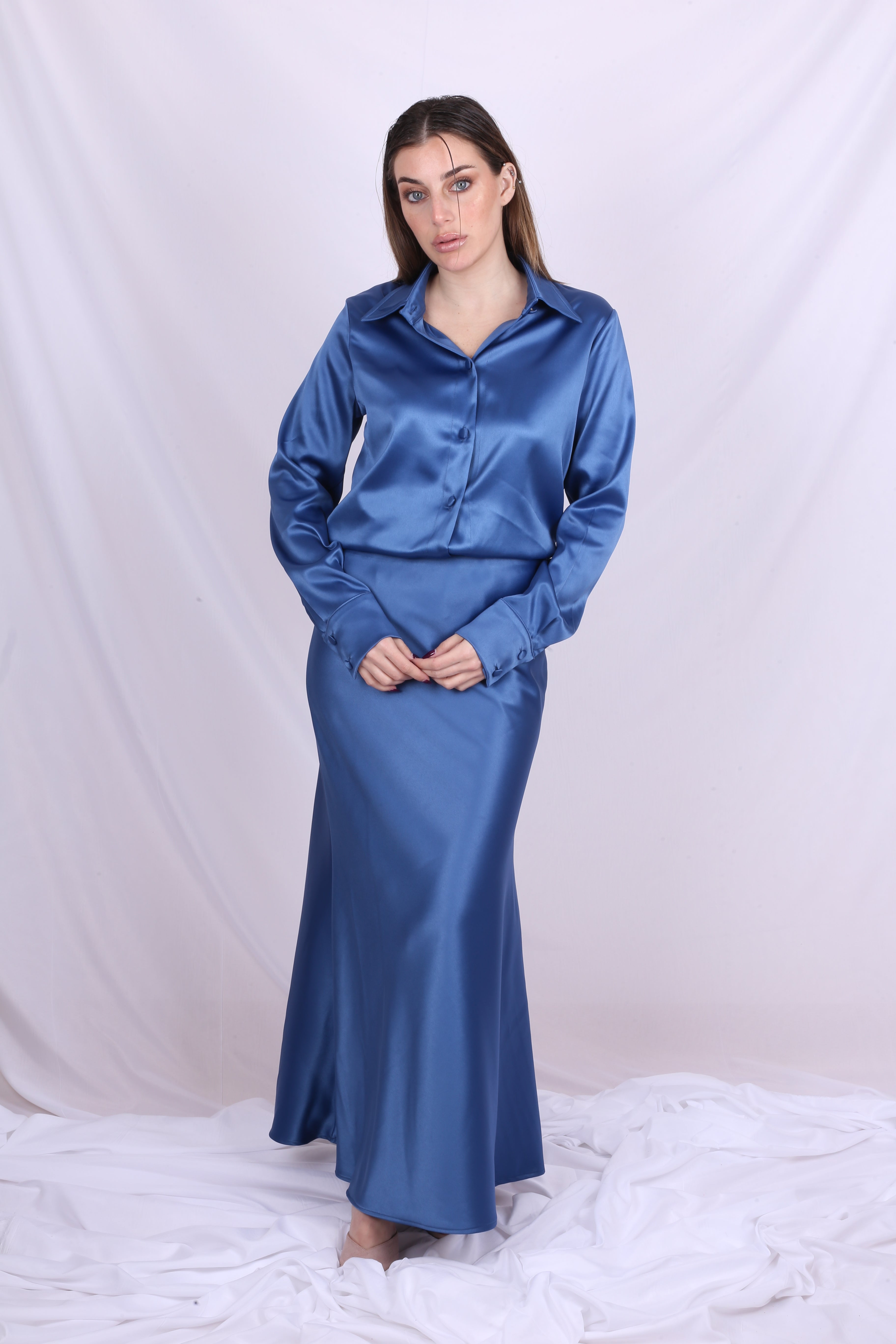 Satin Shirt and skirt CO-ORD - Electric Blue