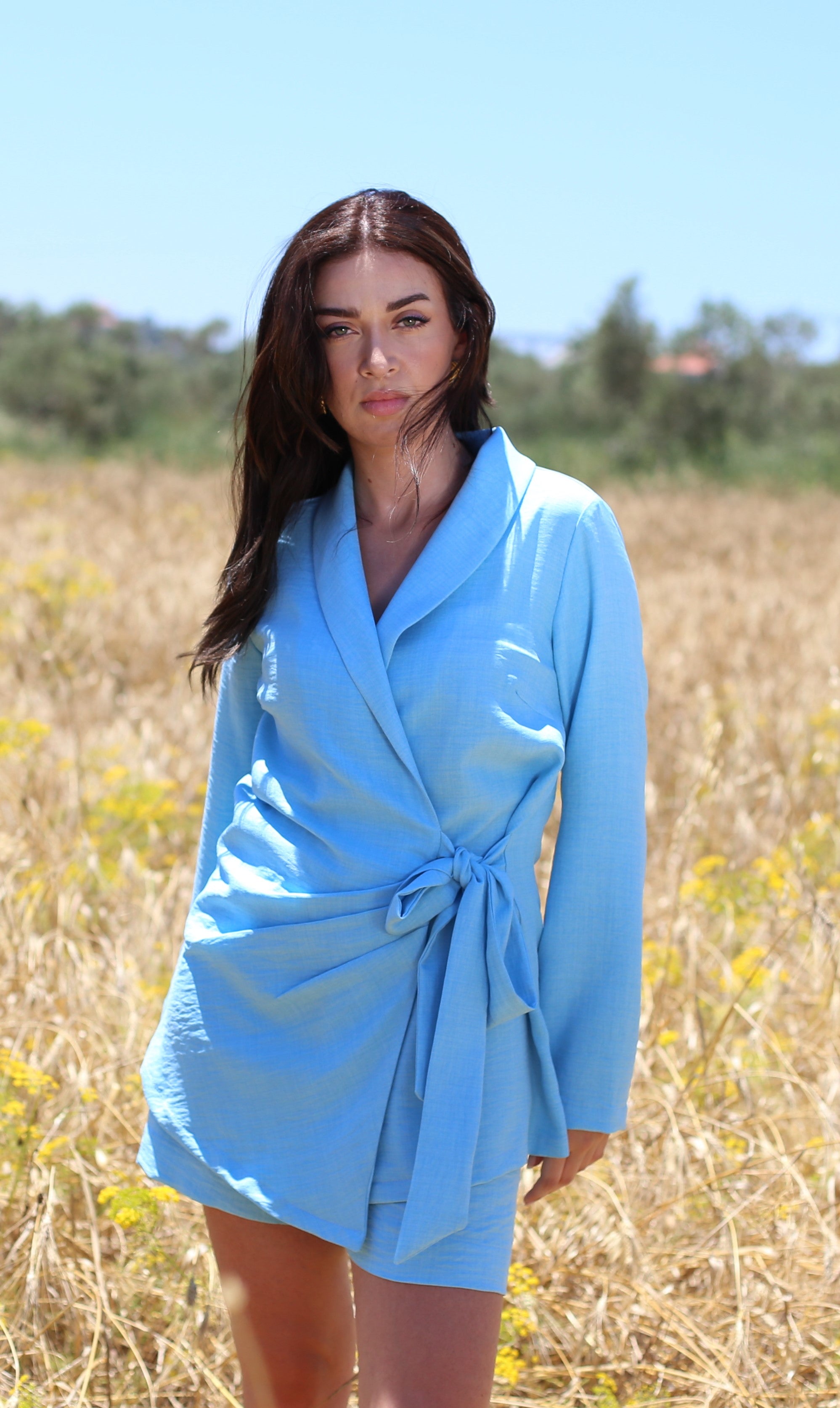 Linen Light-weight Belted Set - Light Blue - Shorts