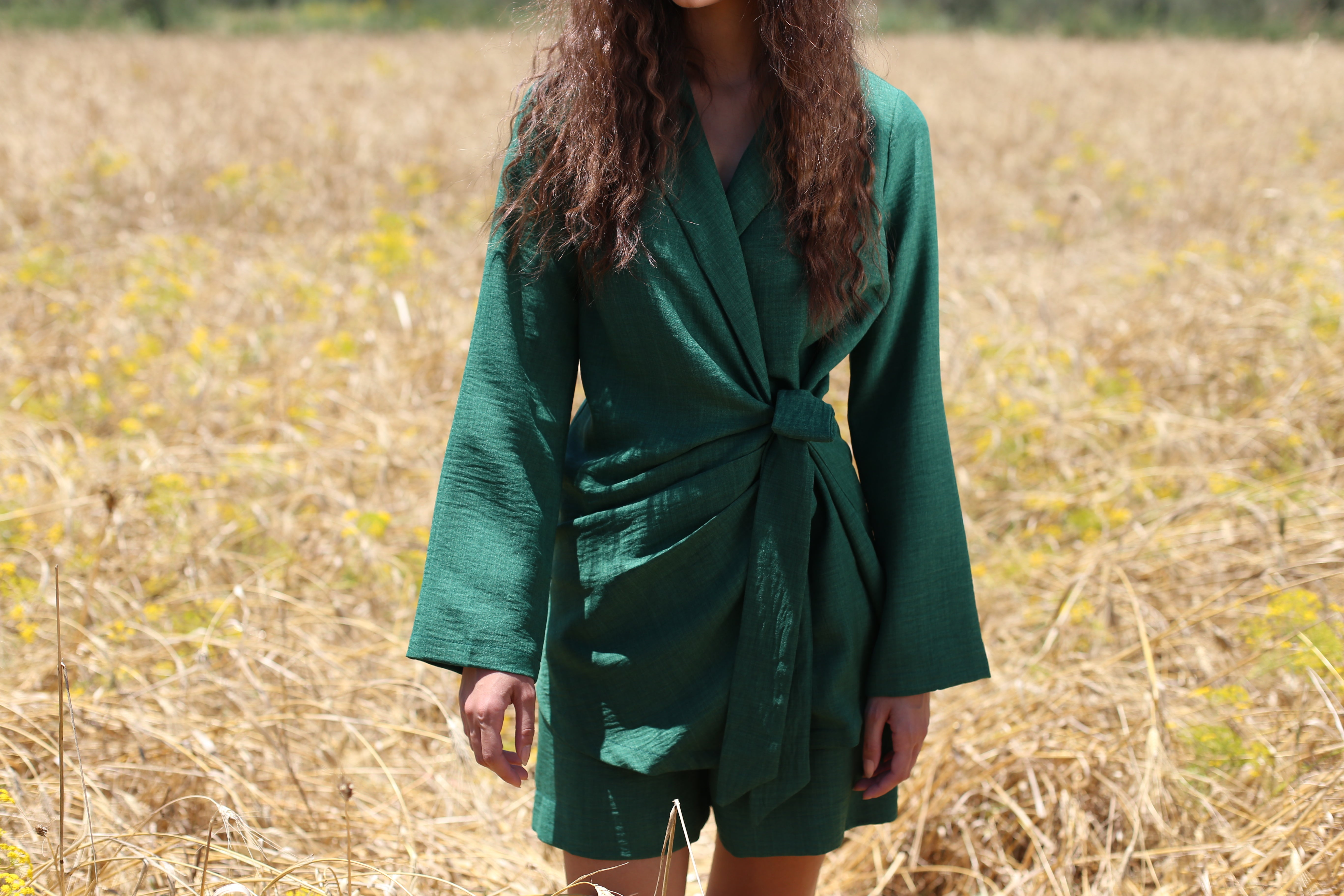 Linen Light-weight Belted Set - Green - Shorts