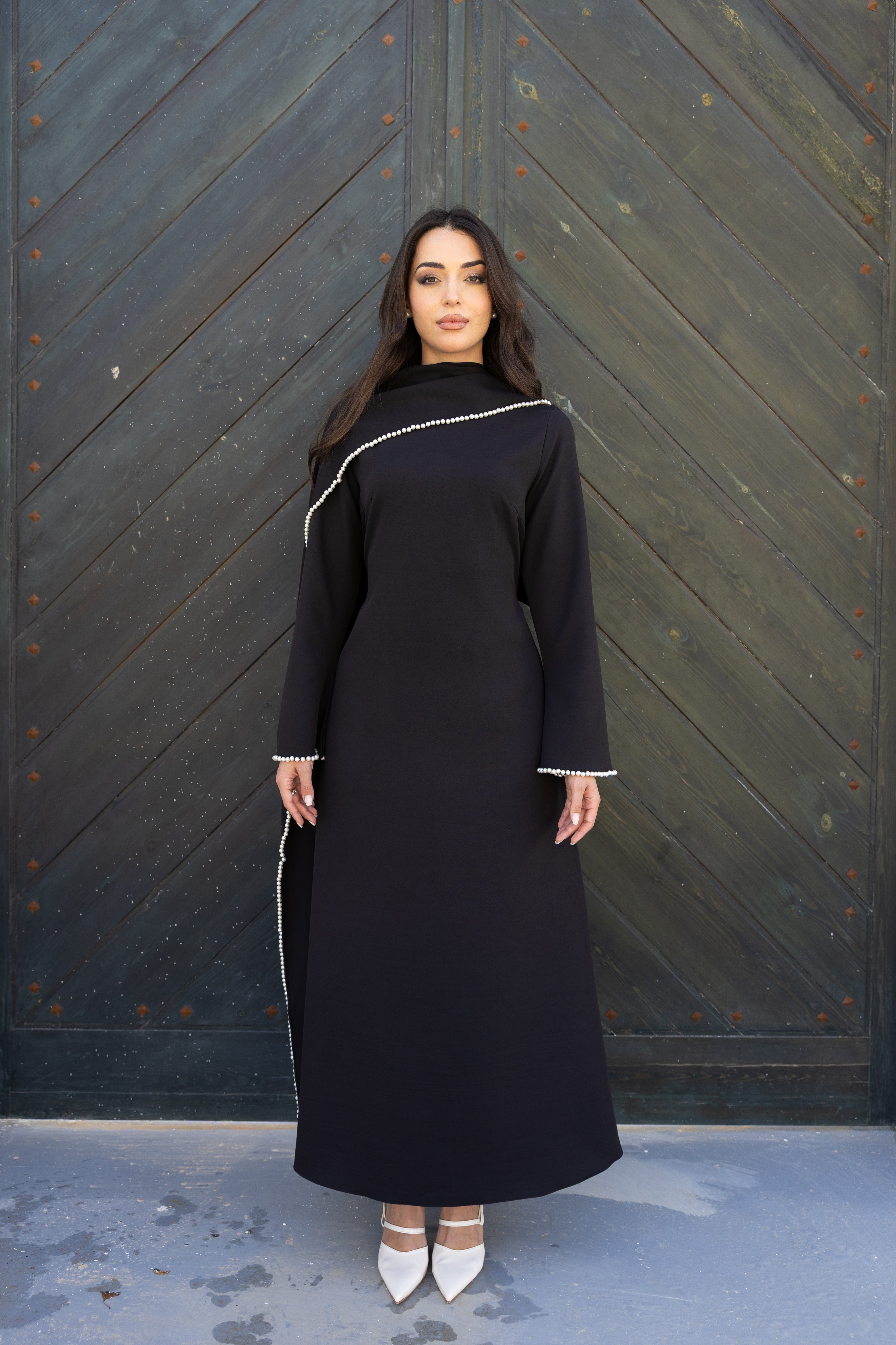 Pearls Scarf Abaya Dress - Black