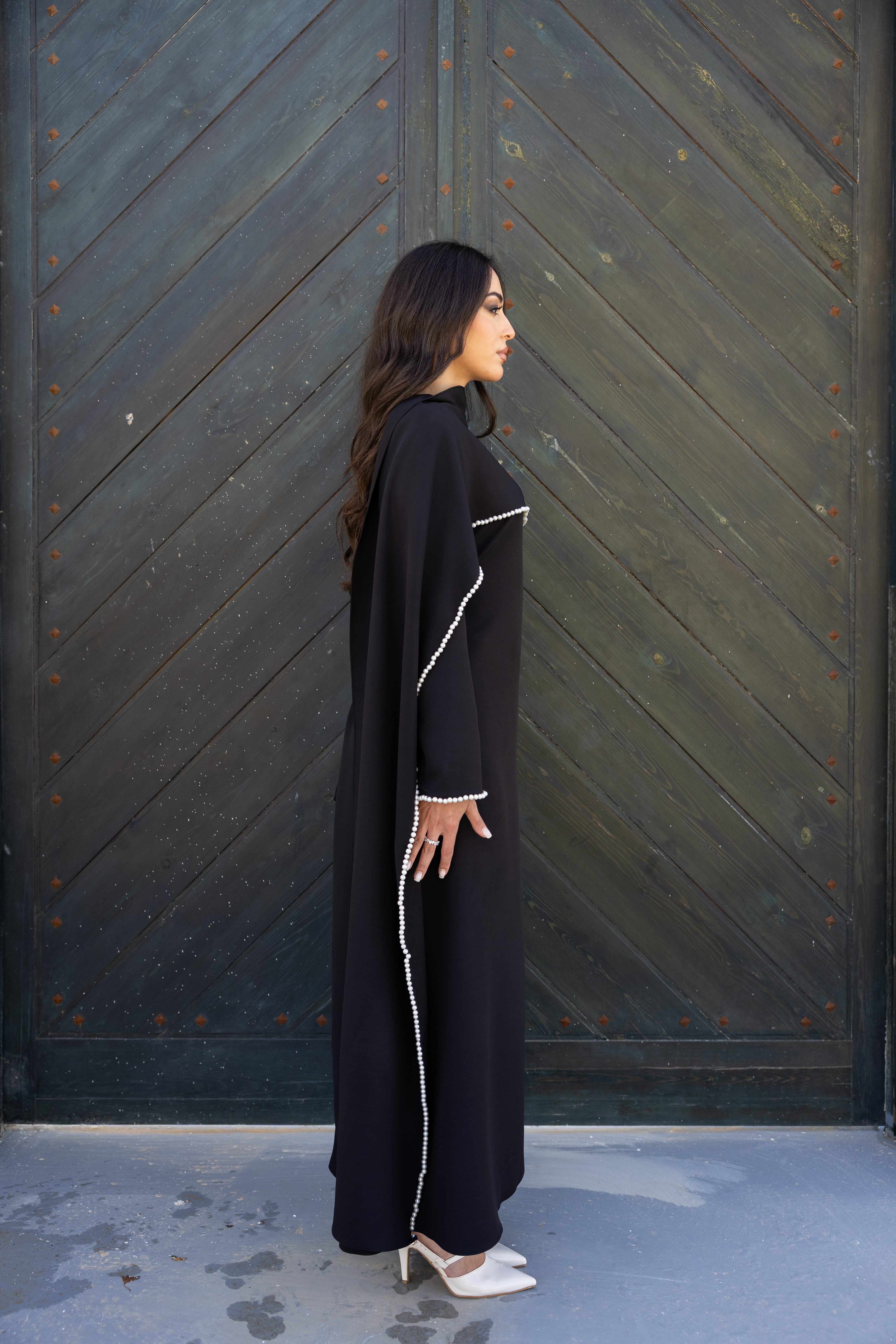 Pearls Scarf Abaya Dress - Black