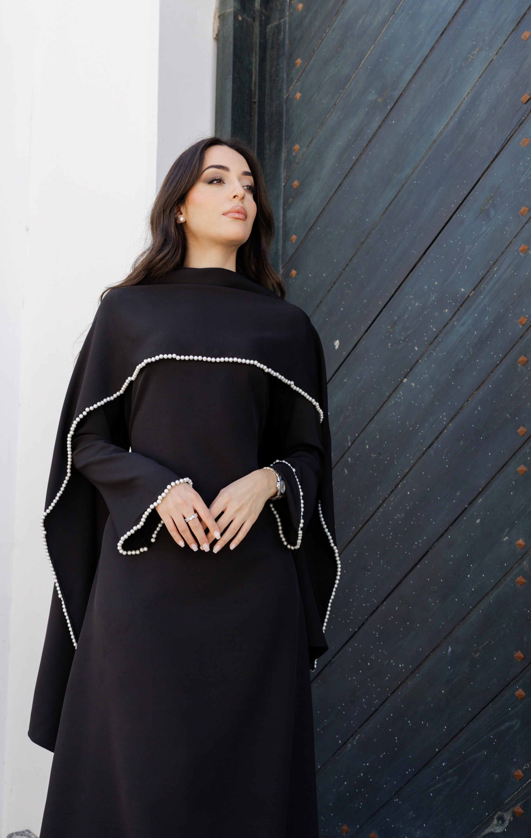 Pearls Scarf Abaya Dress - Black