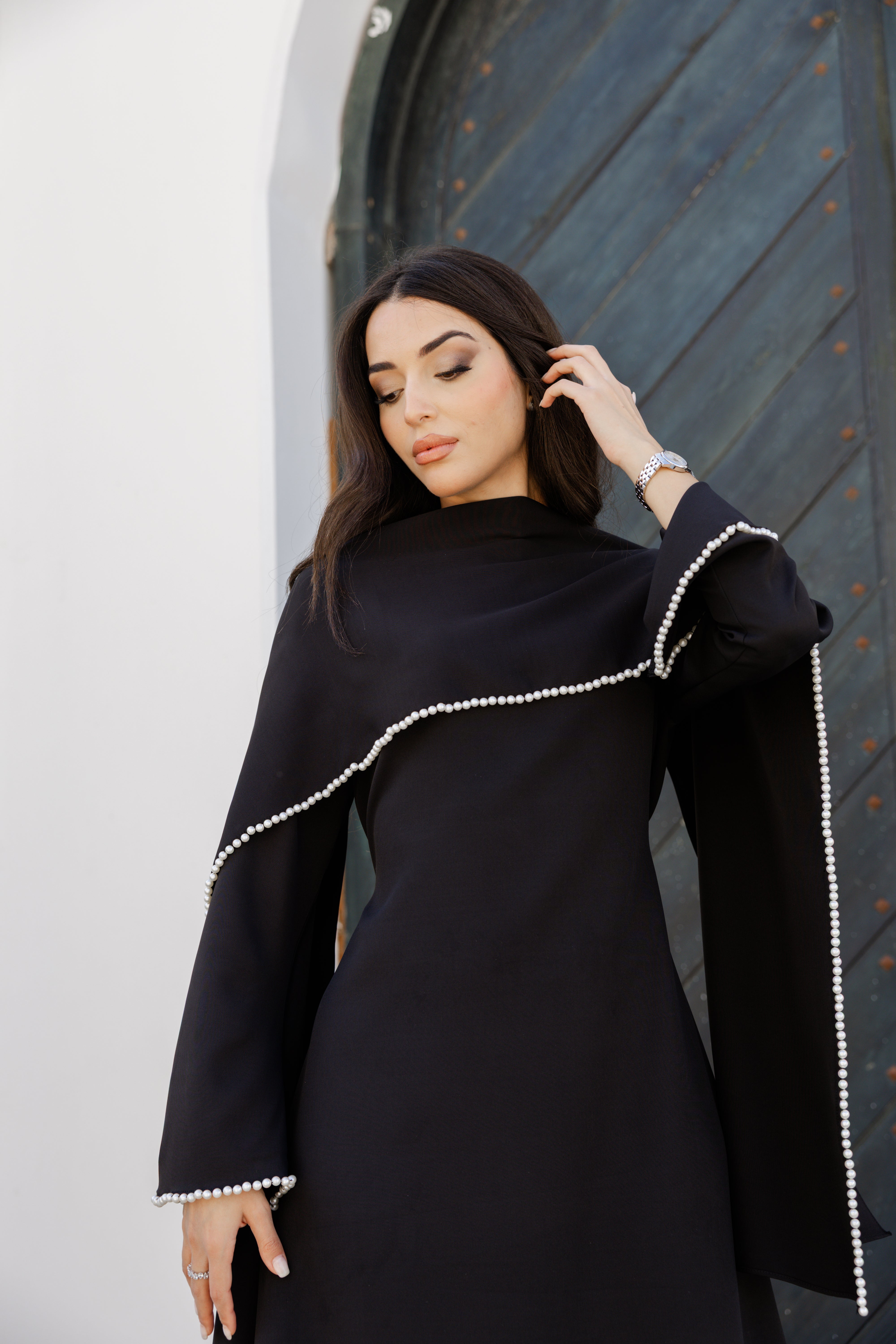 Pearls Scarf Abaya Dress - Black