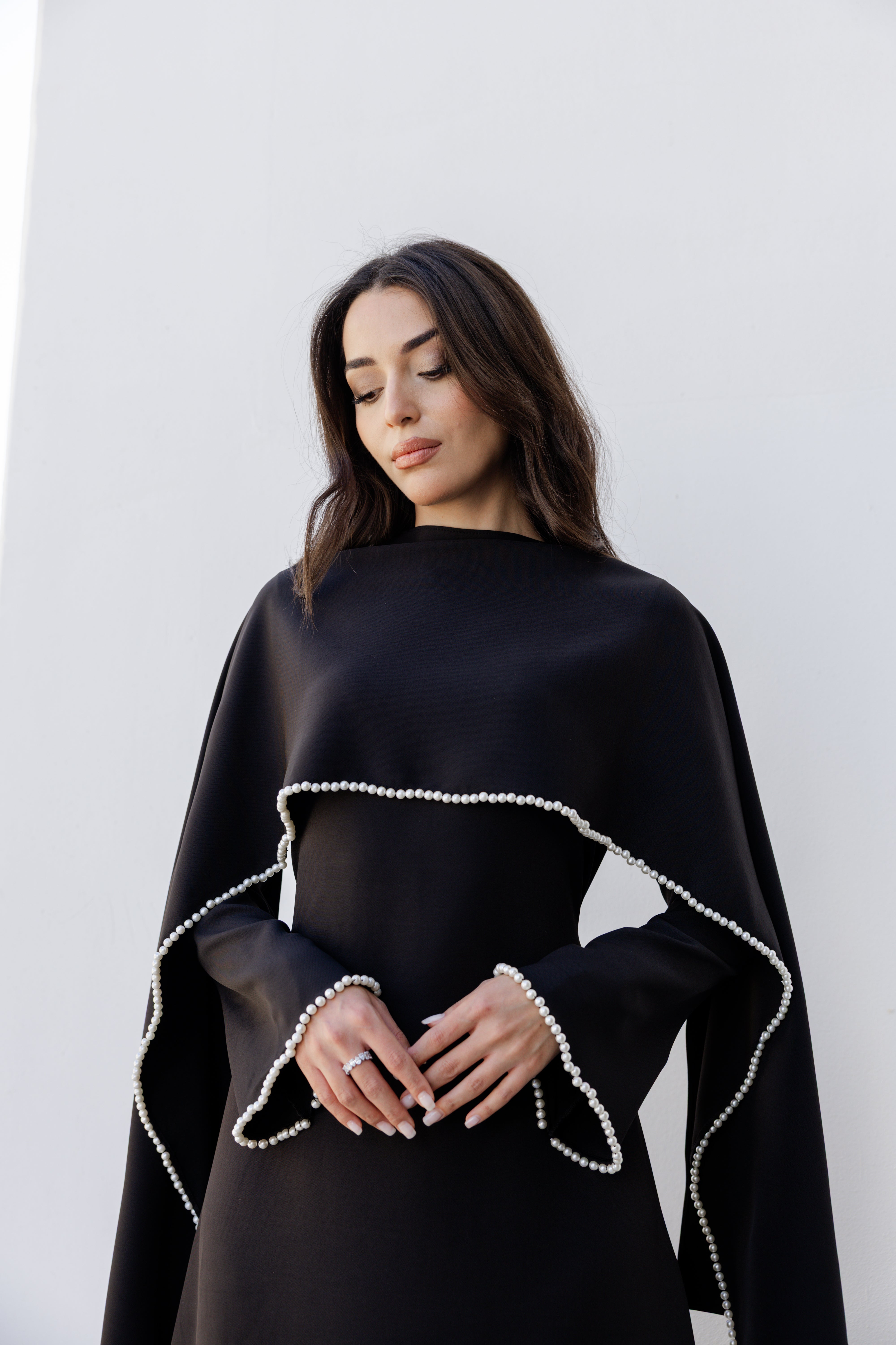 Pearls Scarf Abaya Dress - Black