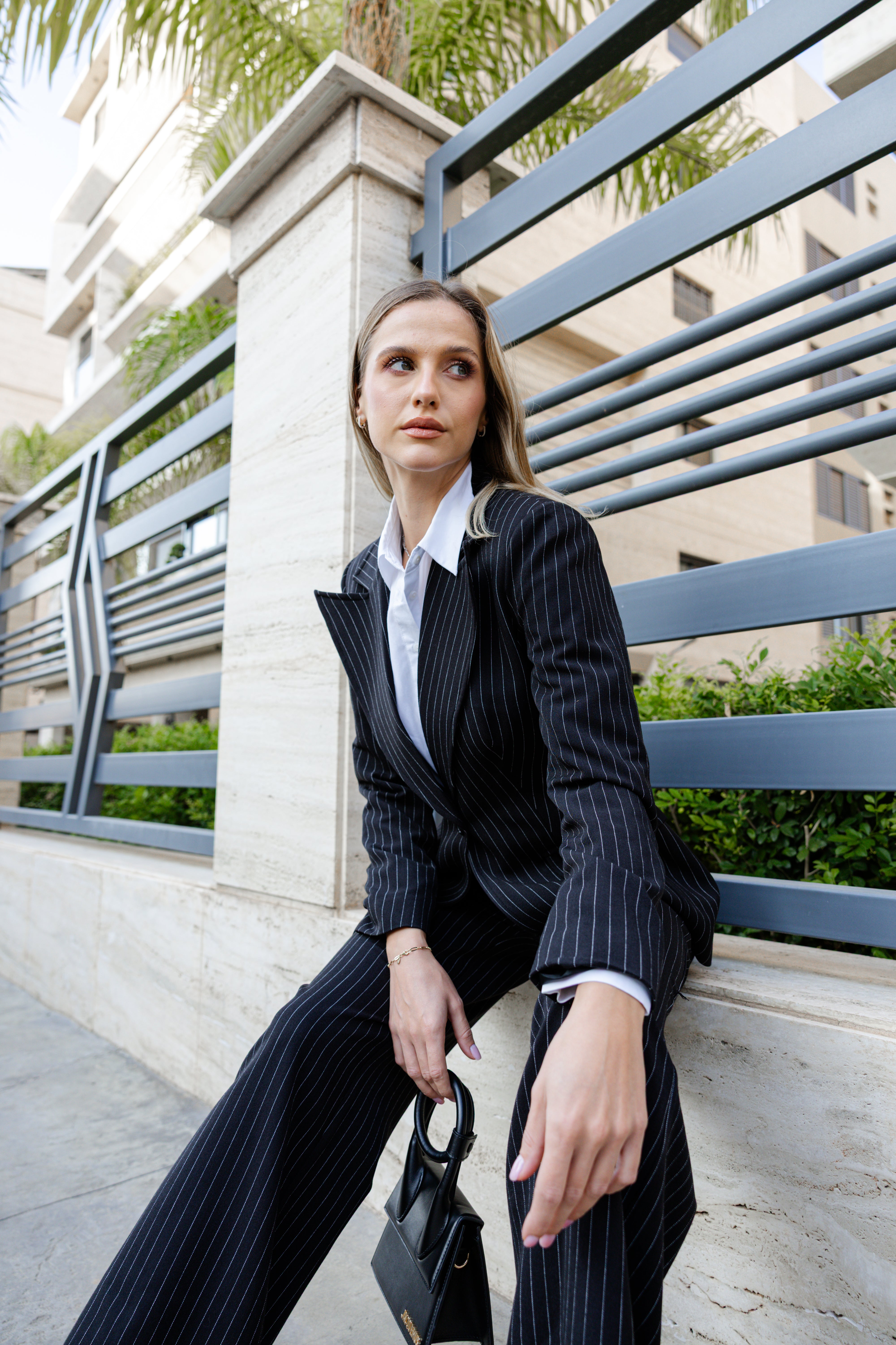 Pinstripe Blazer Suit - Black