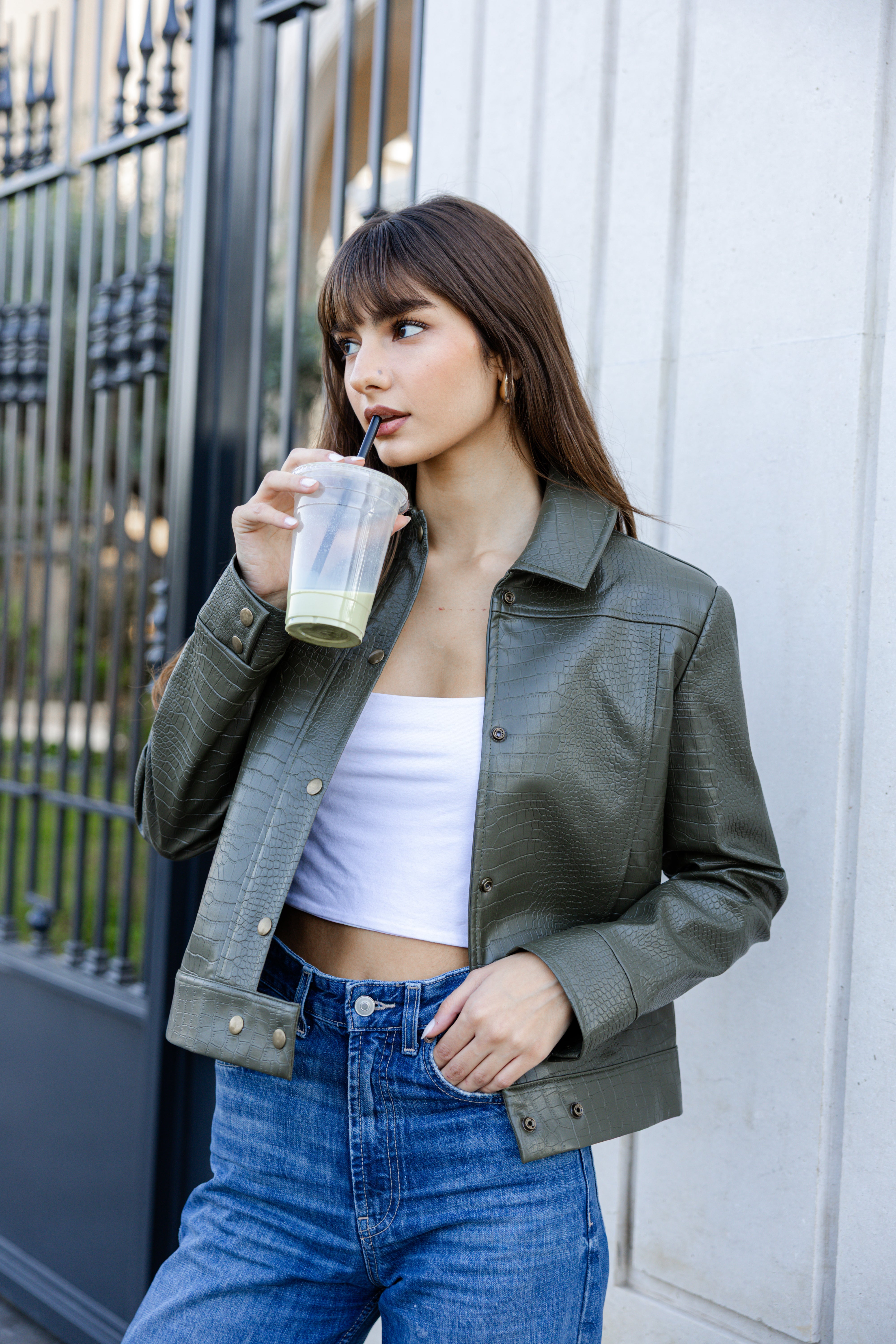 Croco Leather Jacket - Olive Green