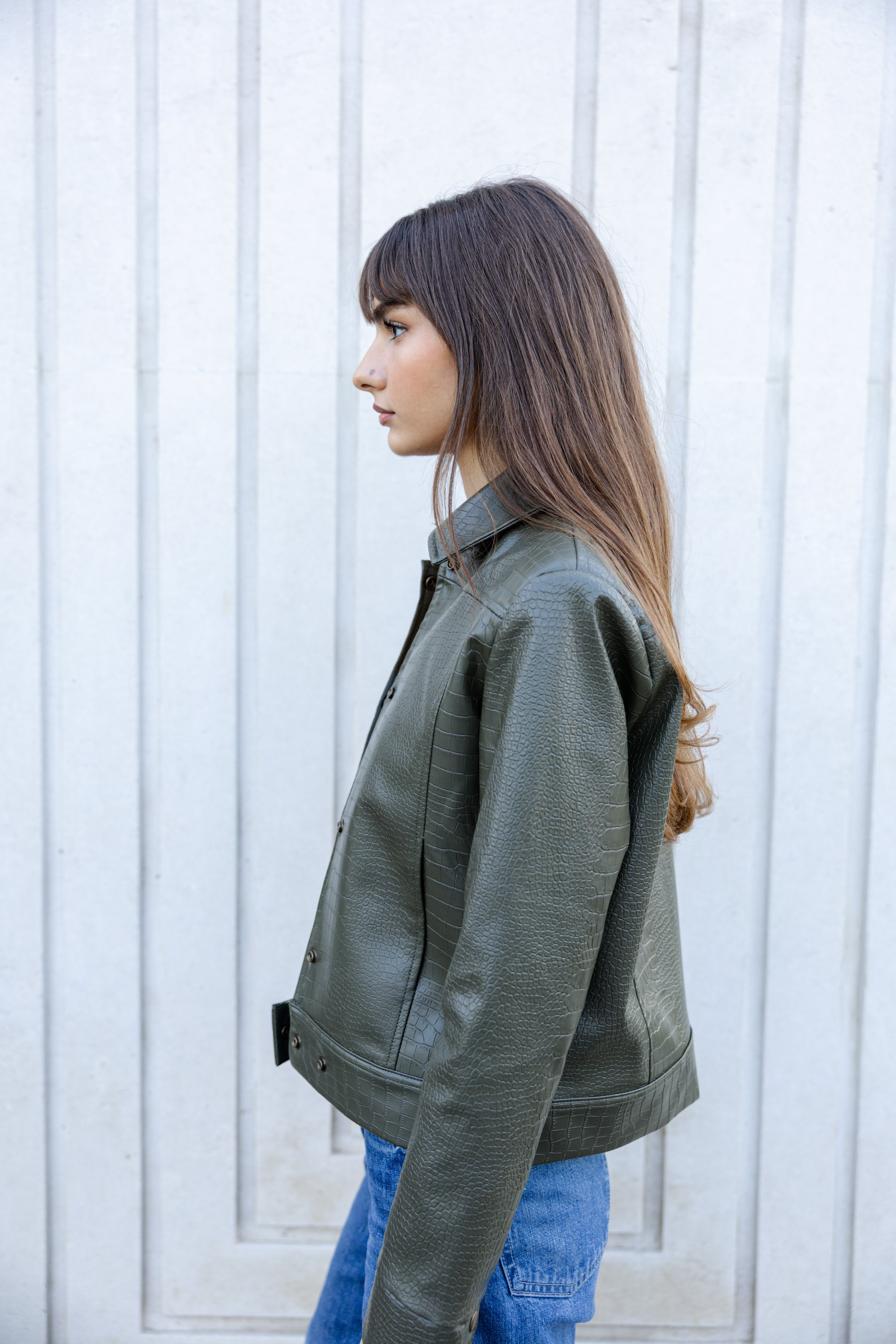 Croco Leather Jacket - Olive Green