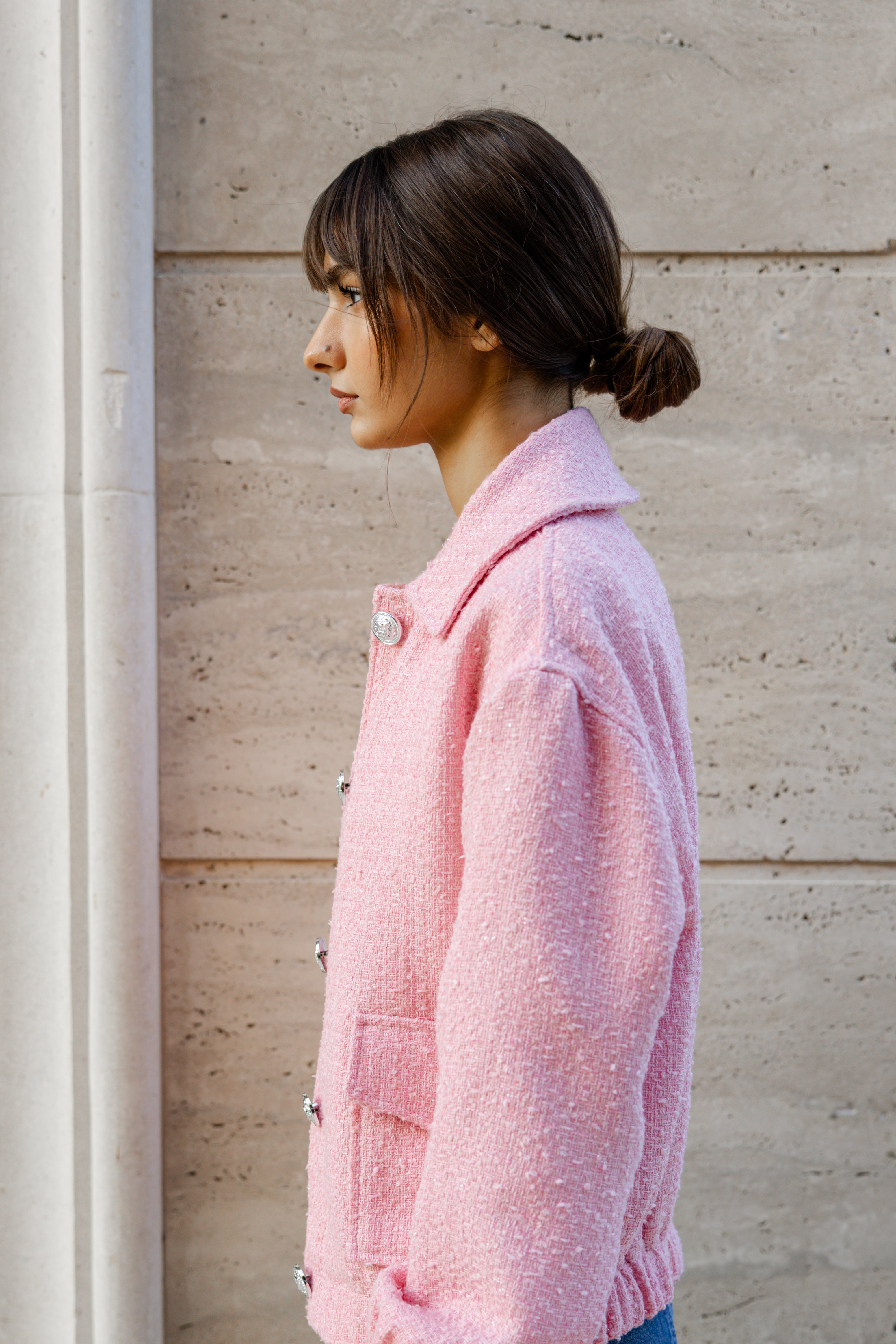 Tweed Bomber Jacket - Pink
