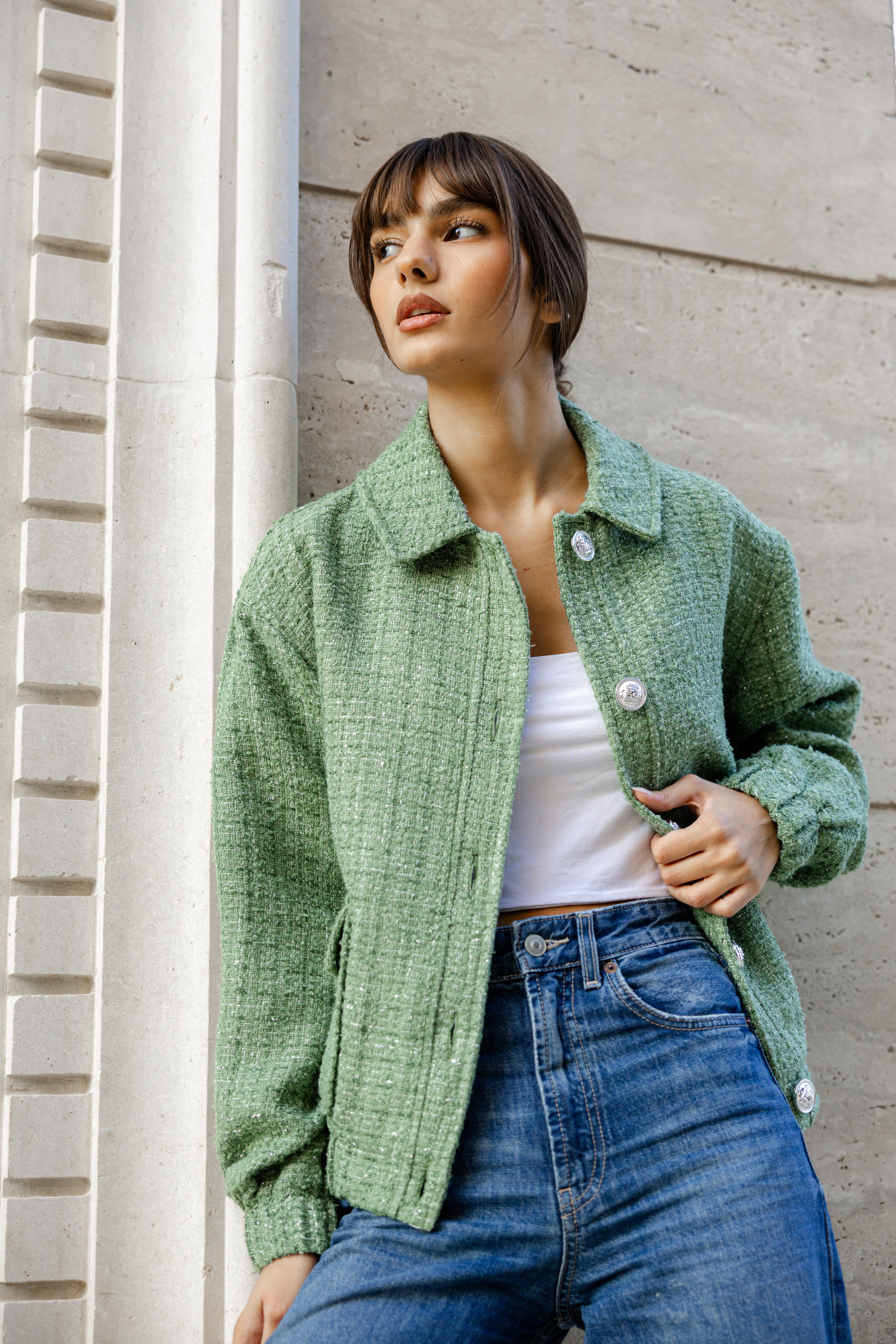 Tweed Bomber Jacket - Sage green