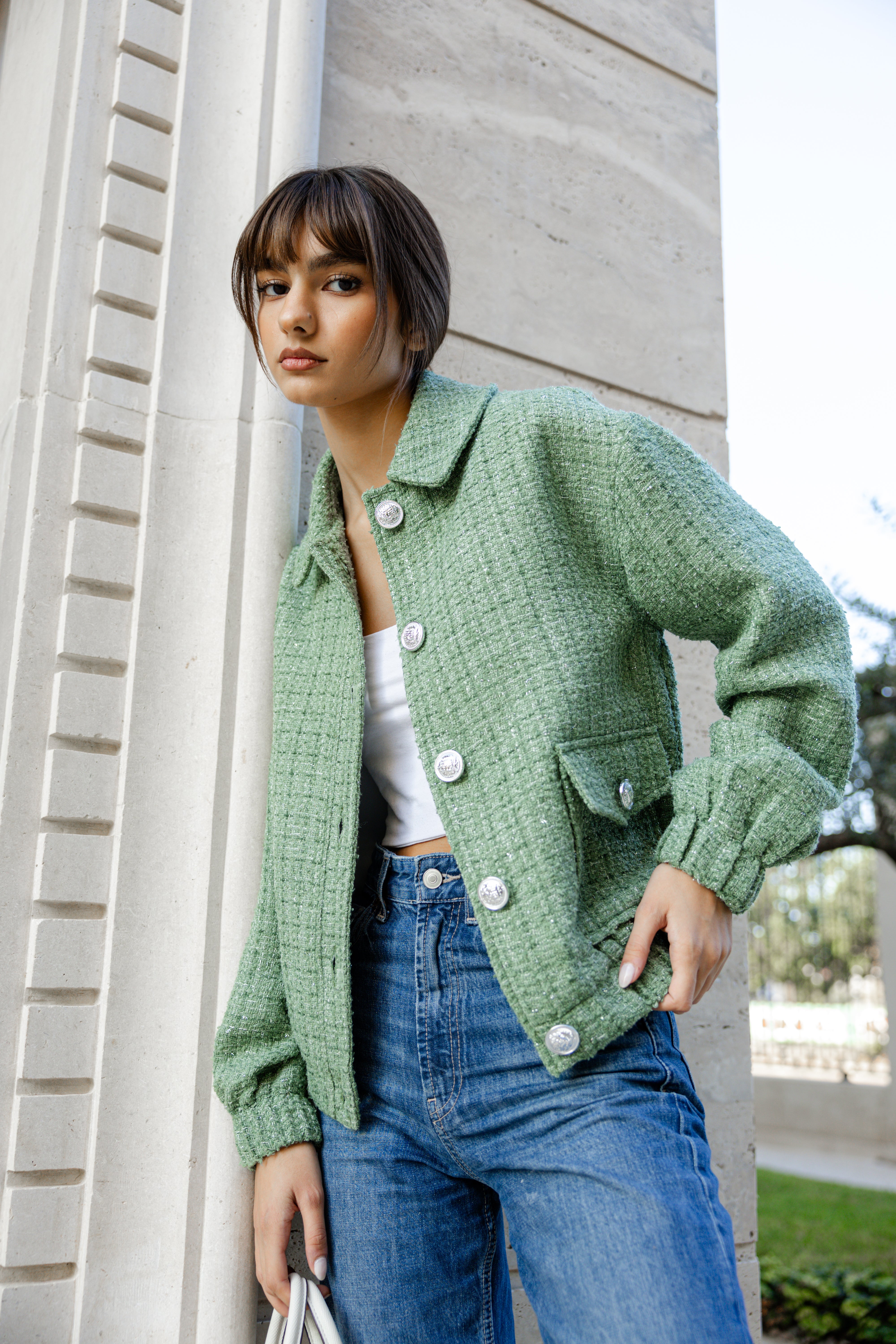Tweed Bomber Jacket - Sage green