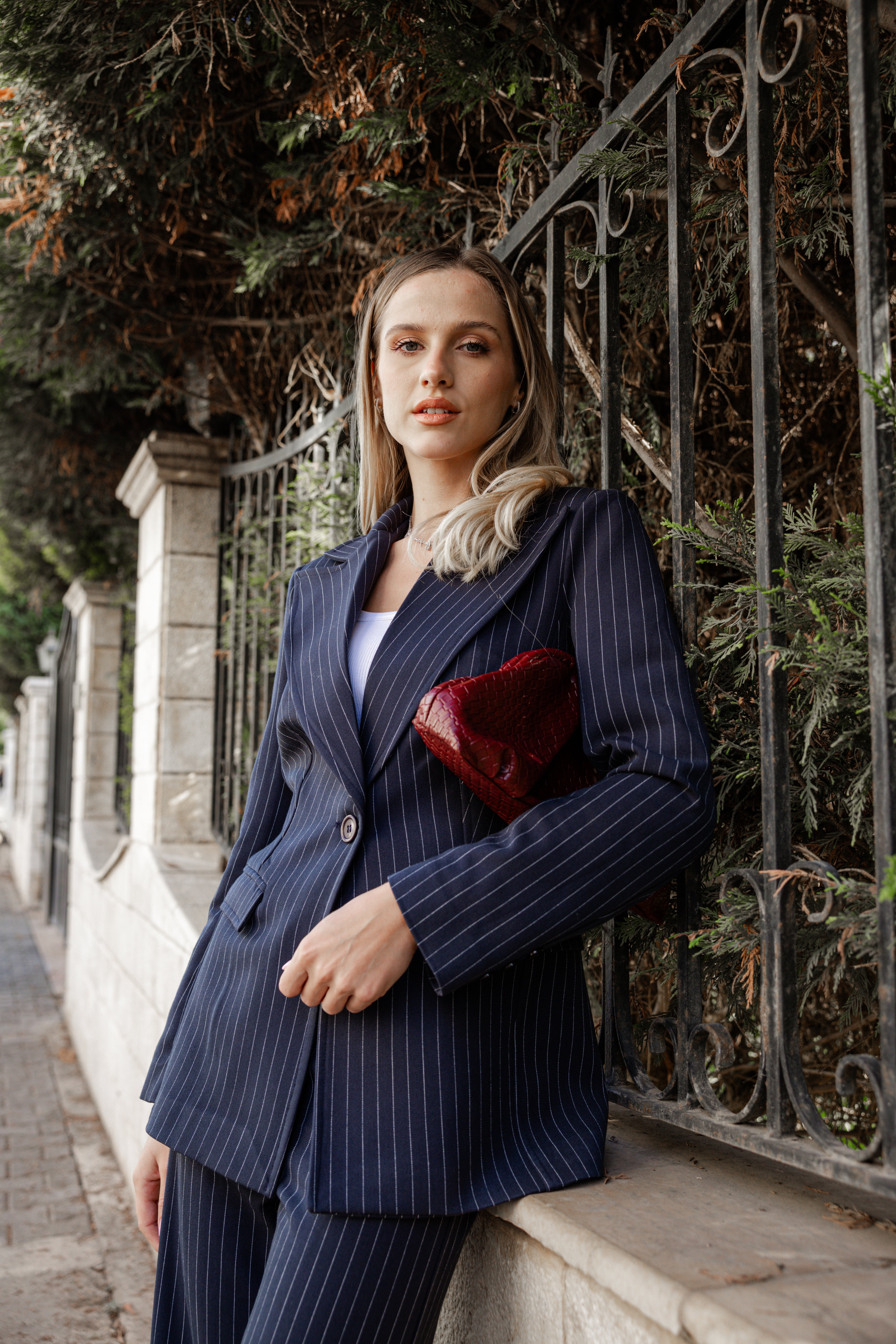 Pinstripe Blazer Suit - Navy Blue