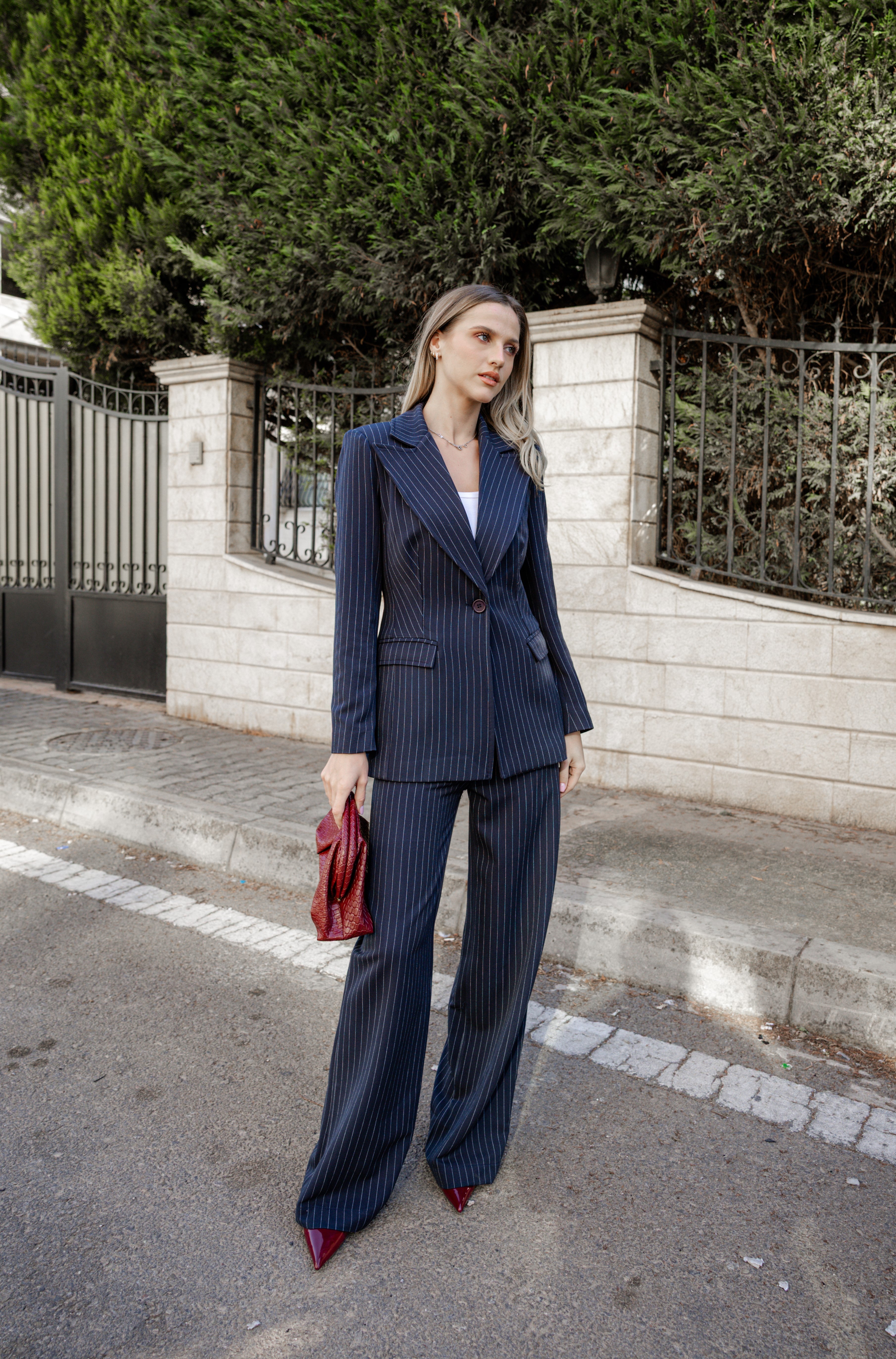 Pinstripe Blazer Suit - Navy Blue