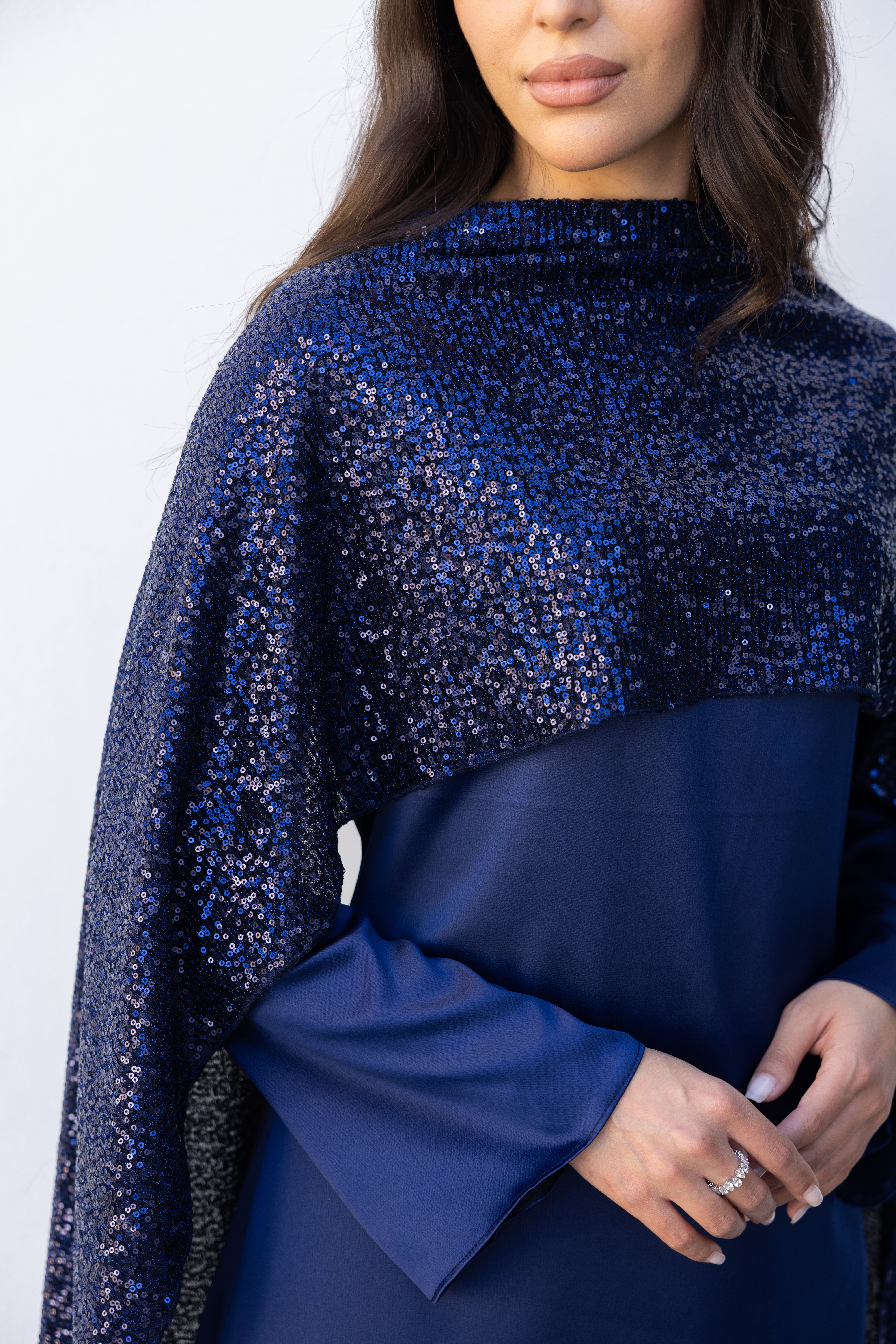 Sequin Scarf Abaya Dress - Navy Blue