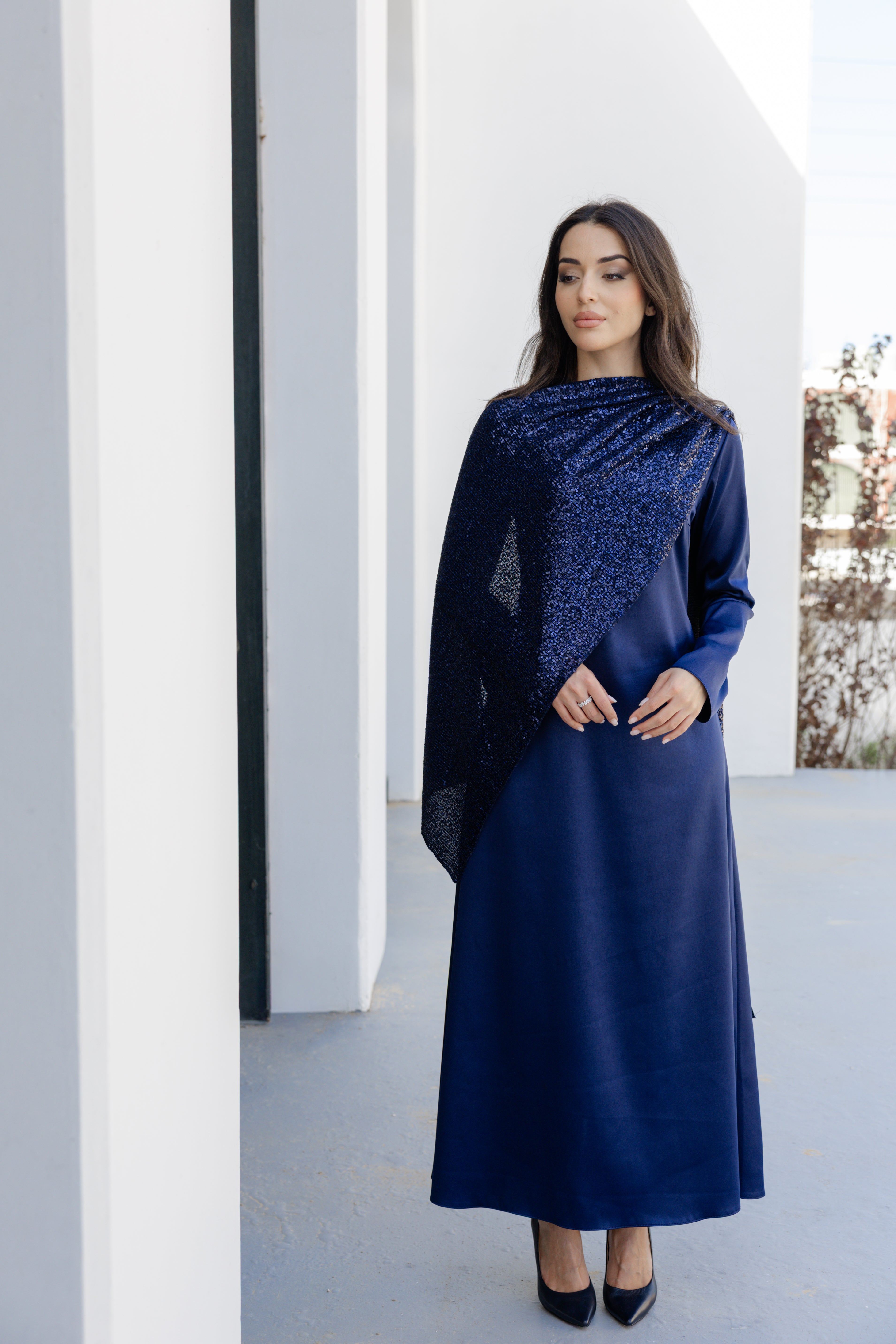 Sequin Scarf Abaya Dress - Navy Blue