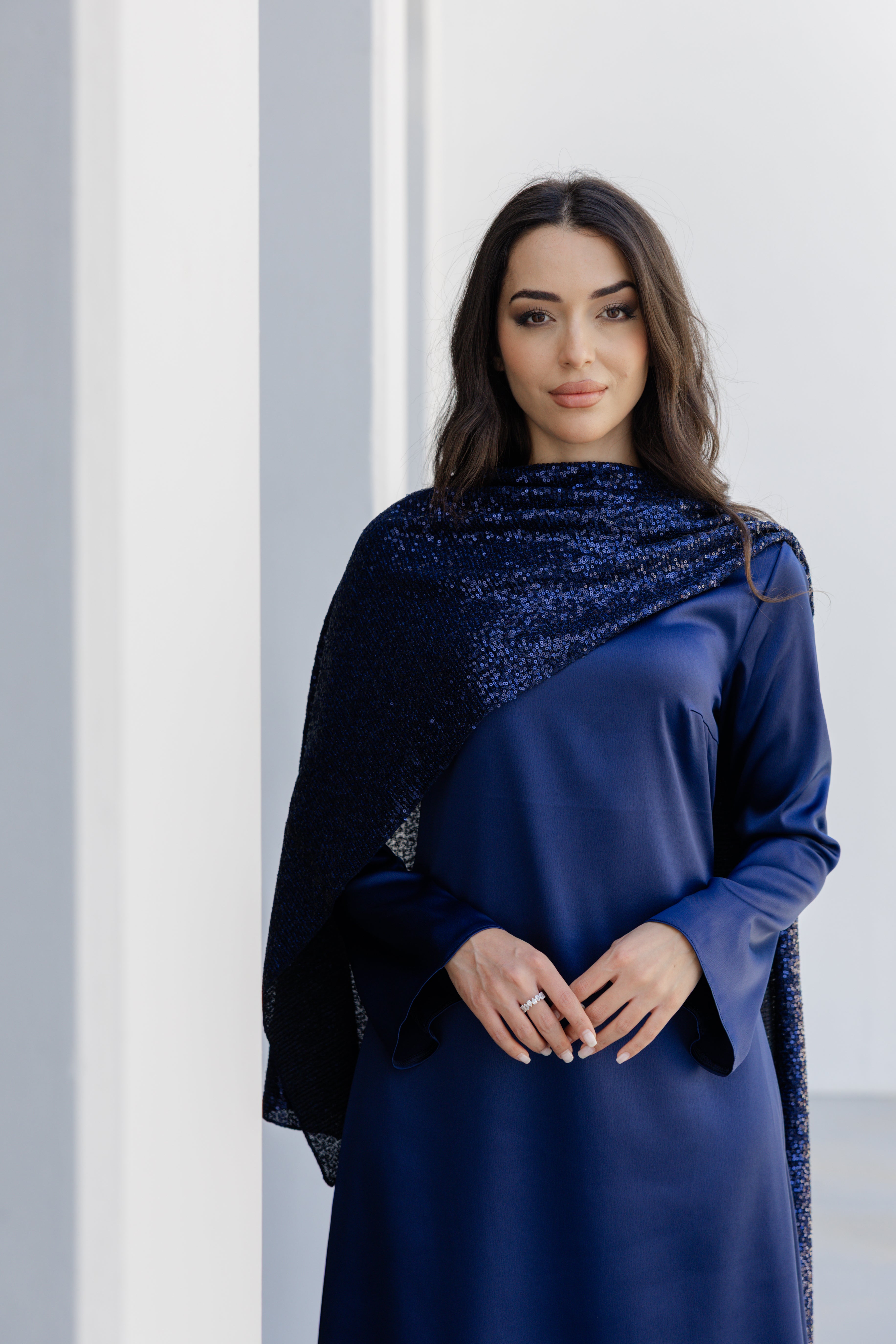 Sequin Scarf Abaya Dress - Navy Blue