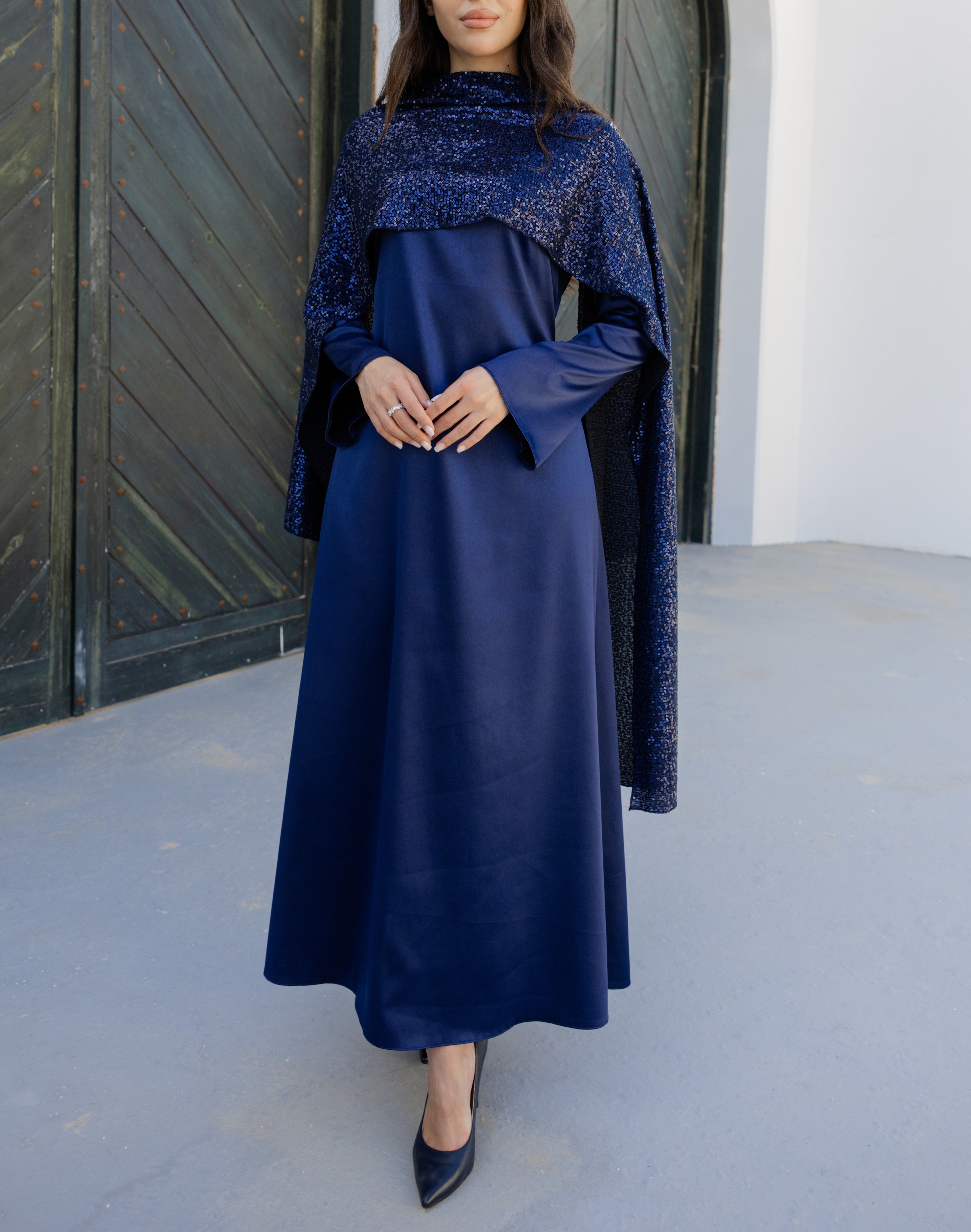 Sequin Scarf Abaya Dress - Navy Blue
