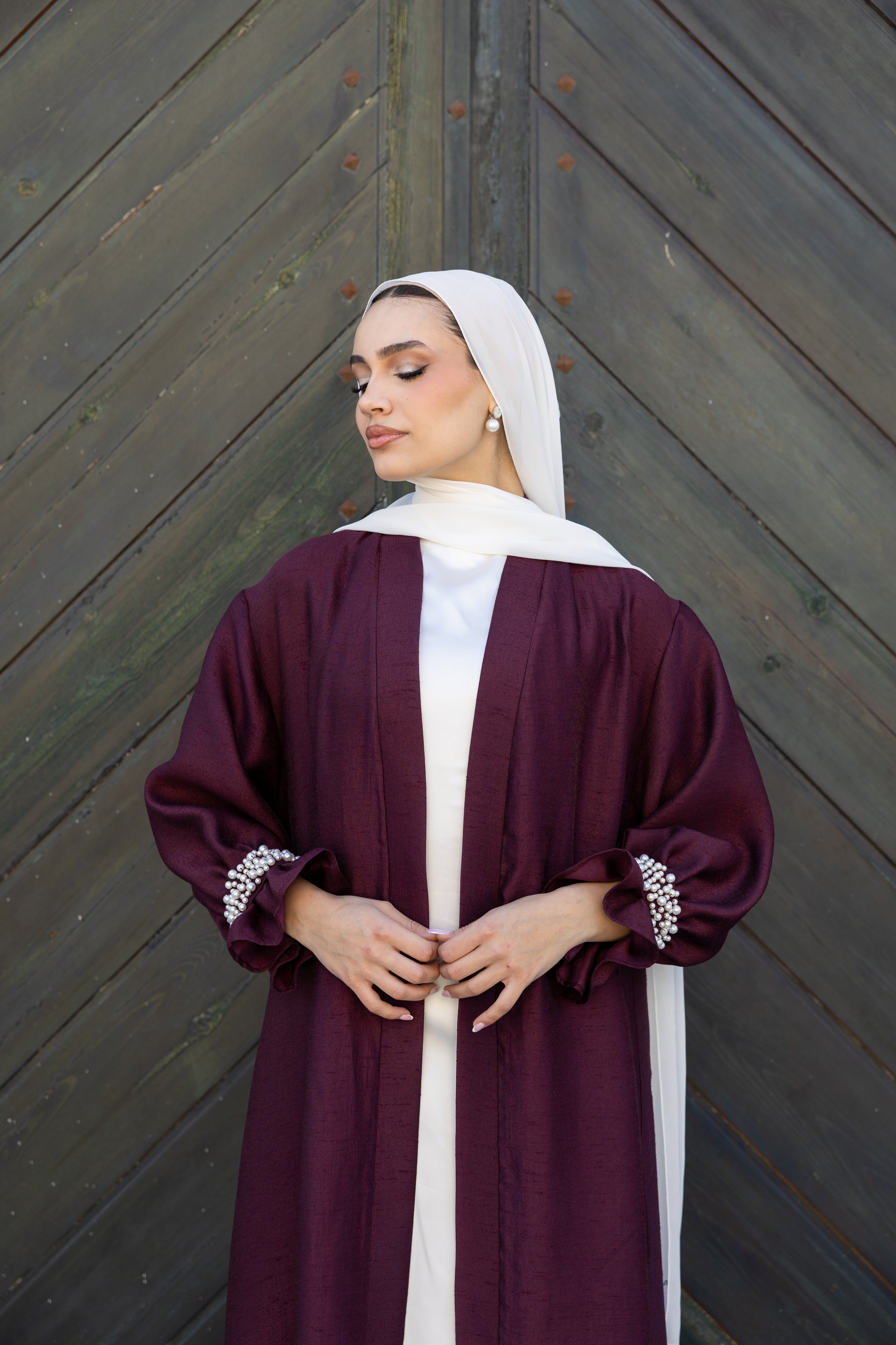 Pearls Beaded cuff Abaya - Burgundy