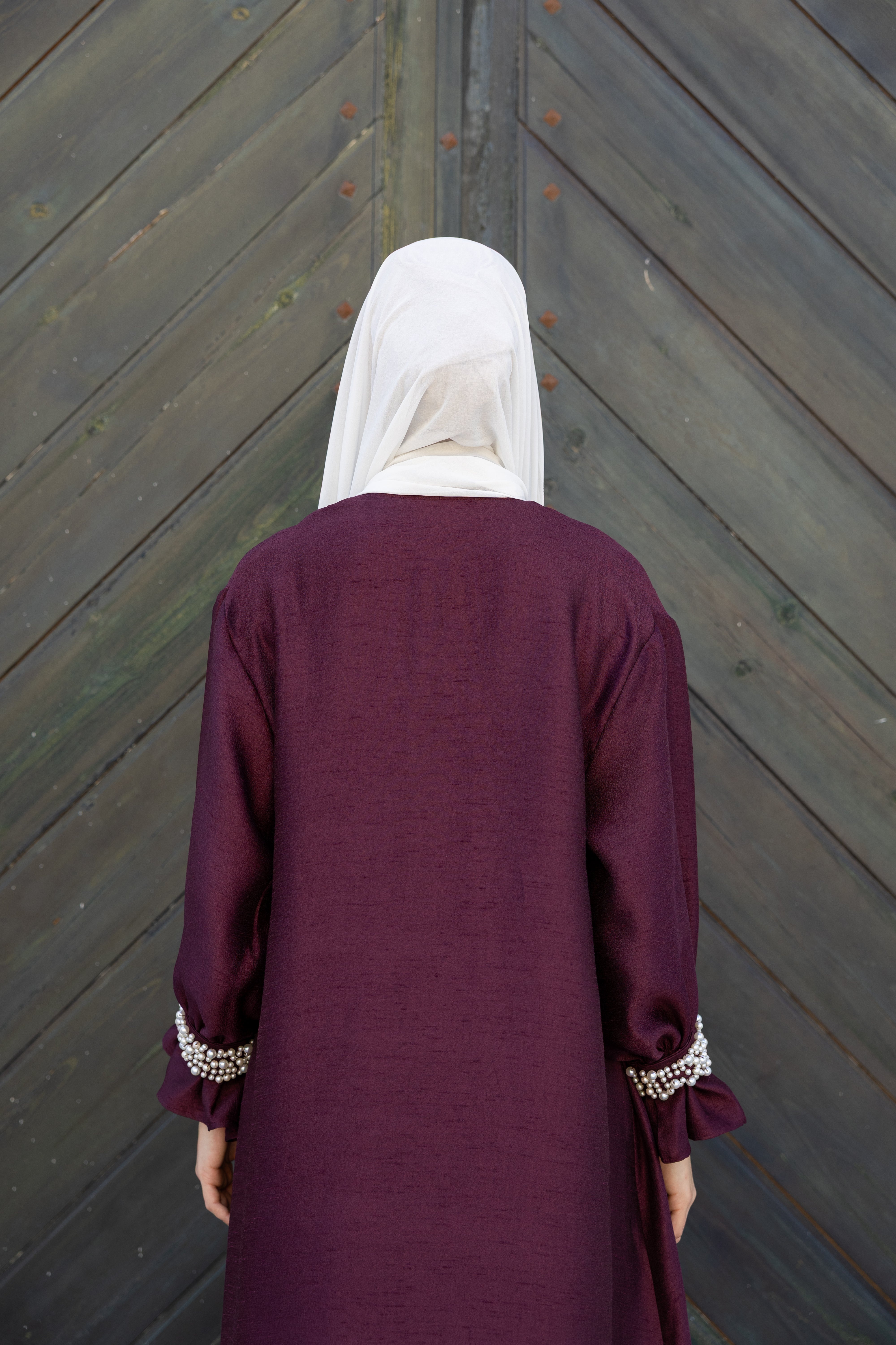 Pearls Beaded cuff Abaya - Burgundy