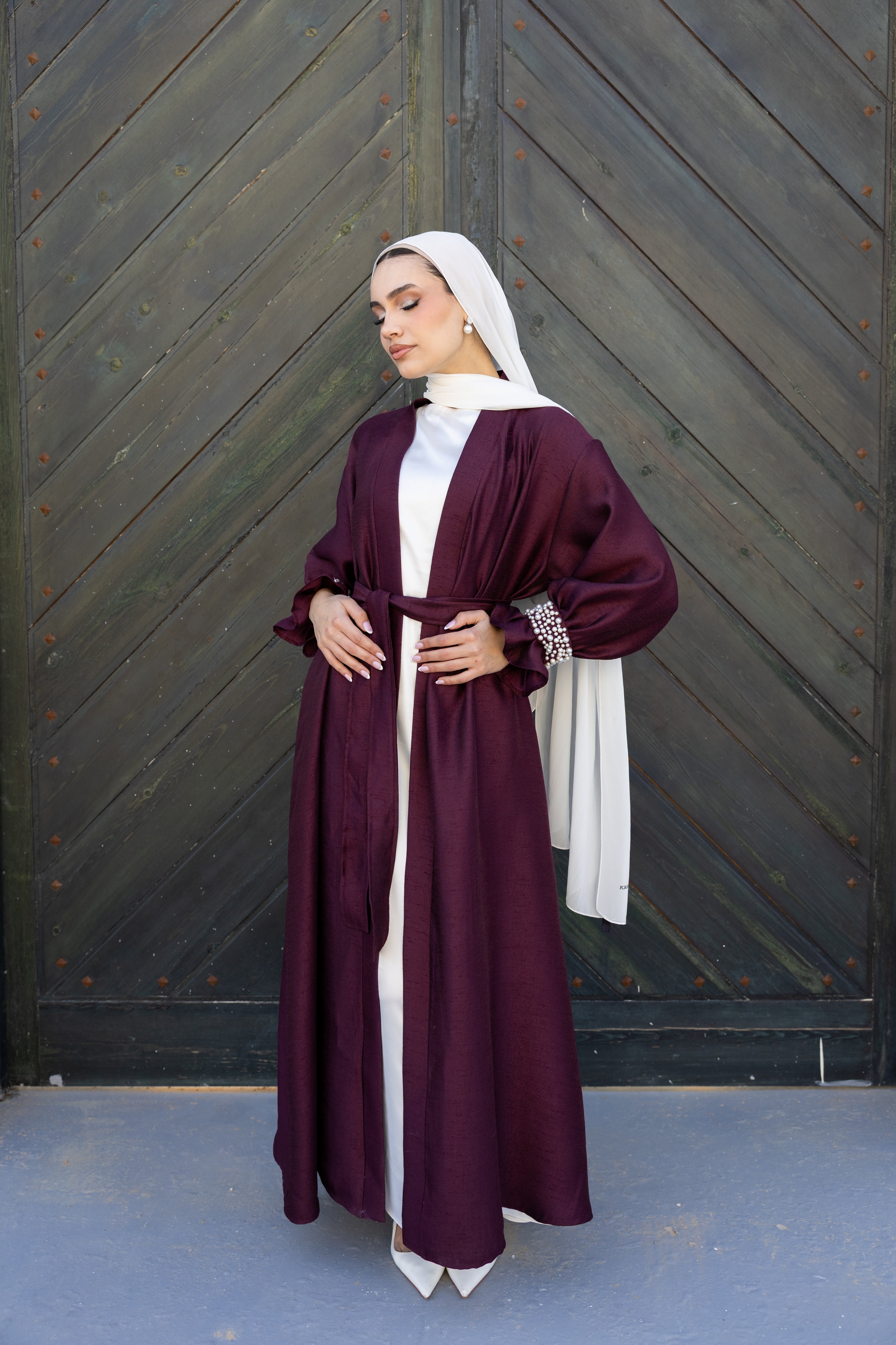 Pearls Beaded cuff Abaya - Burgundy