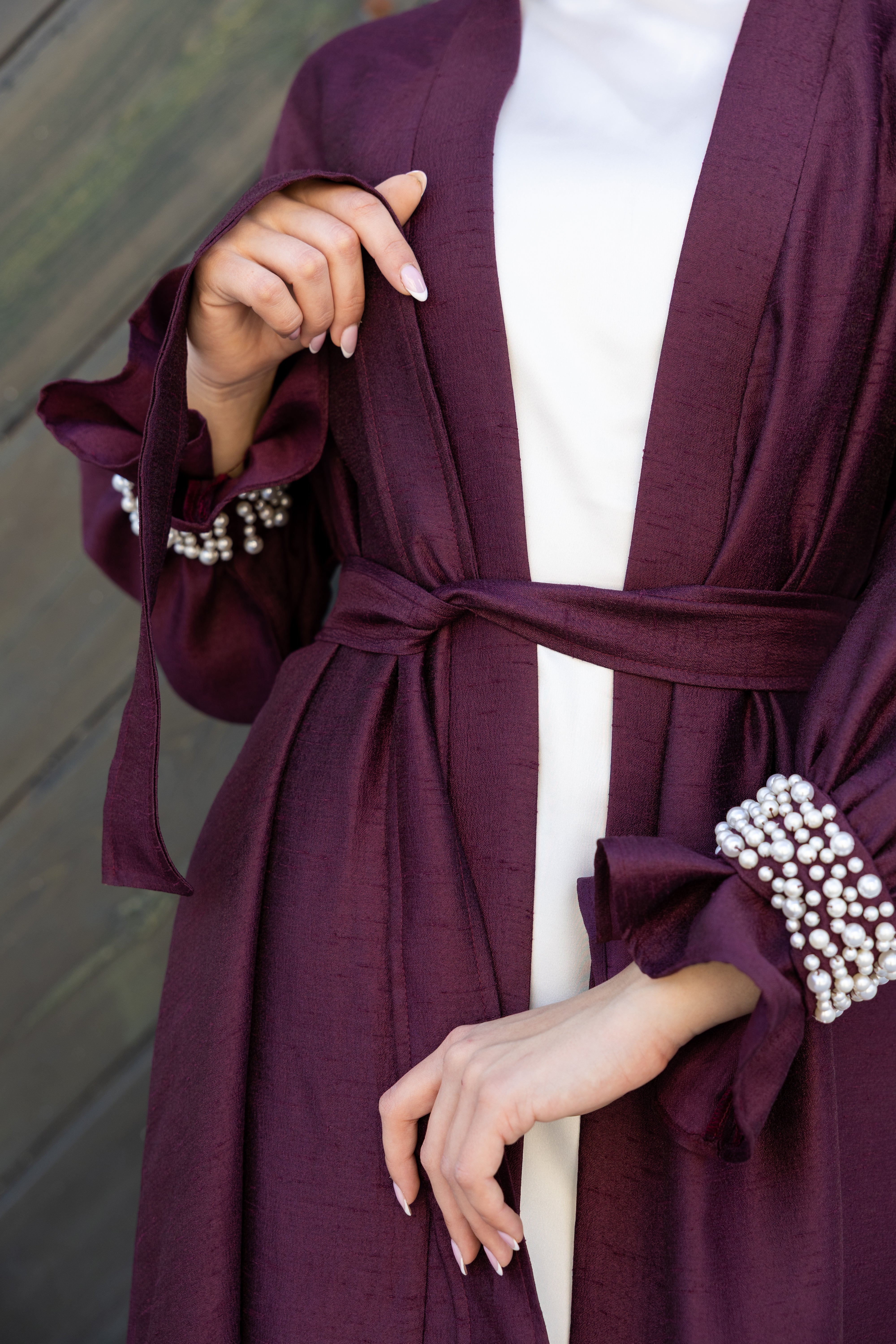 Pearls Beaded cuff Abaya - Burgundy