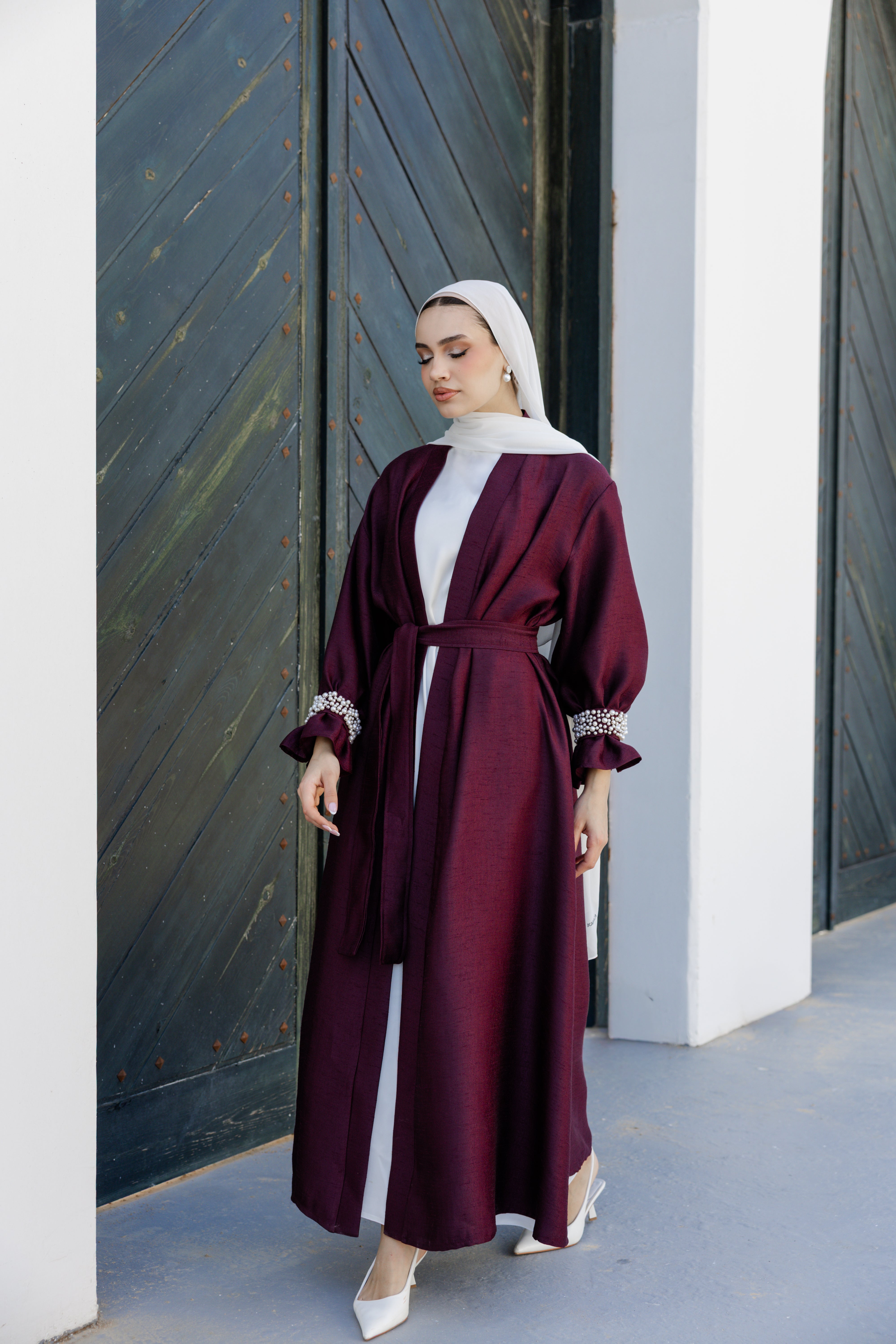 Pearls Beaded cuff Abaya - Burgundy
