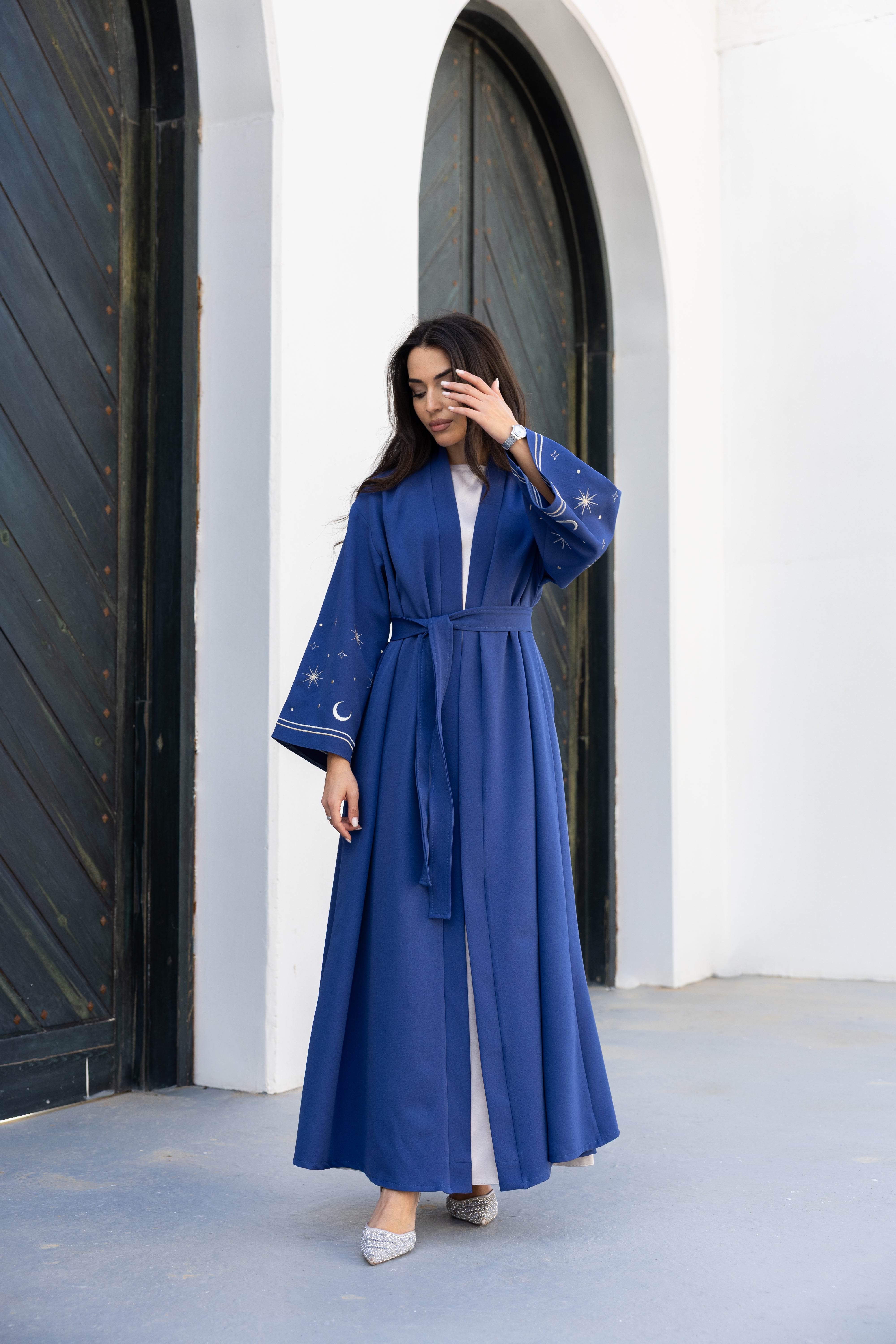 Stars & Moon Embroidered Abaya - Petrol Blue