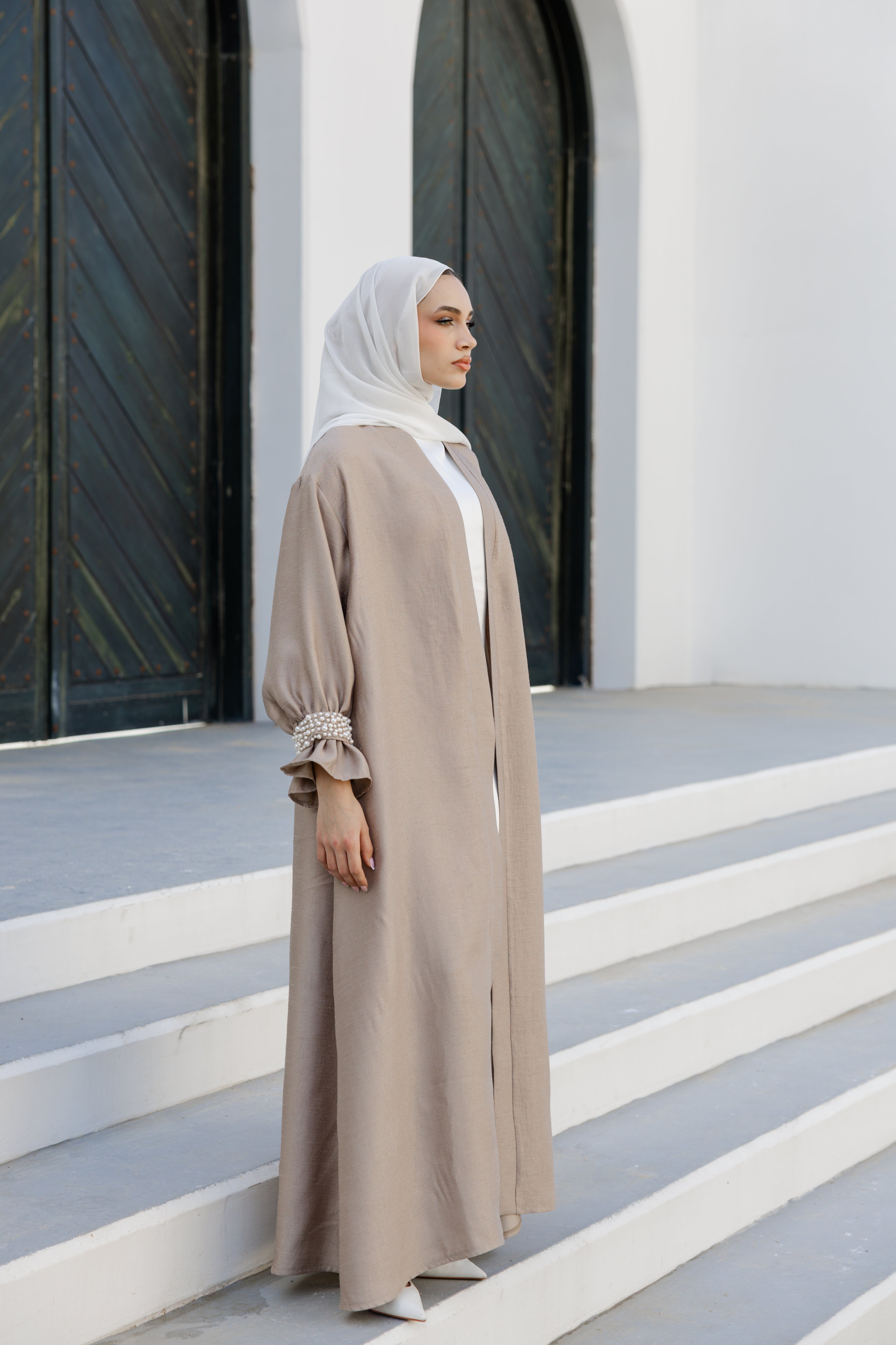 Pearls Beaded cuff Abaya - Beige gold