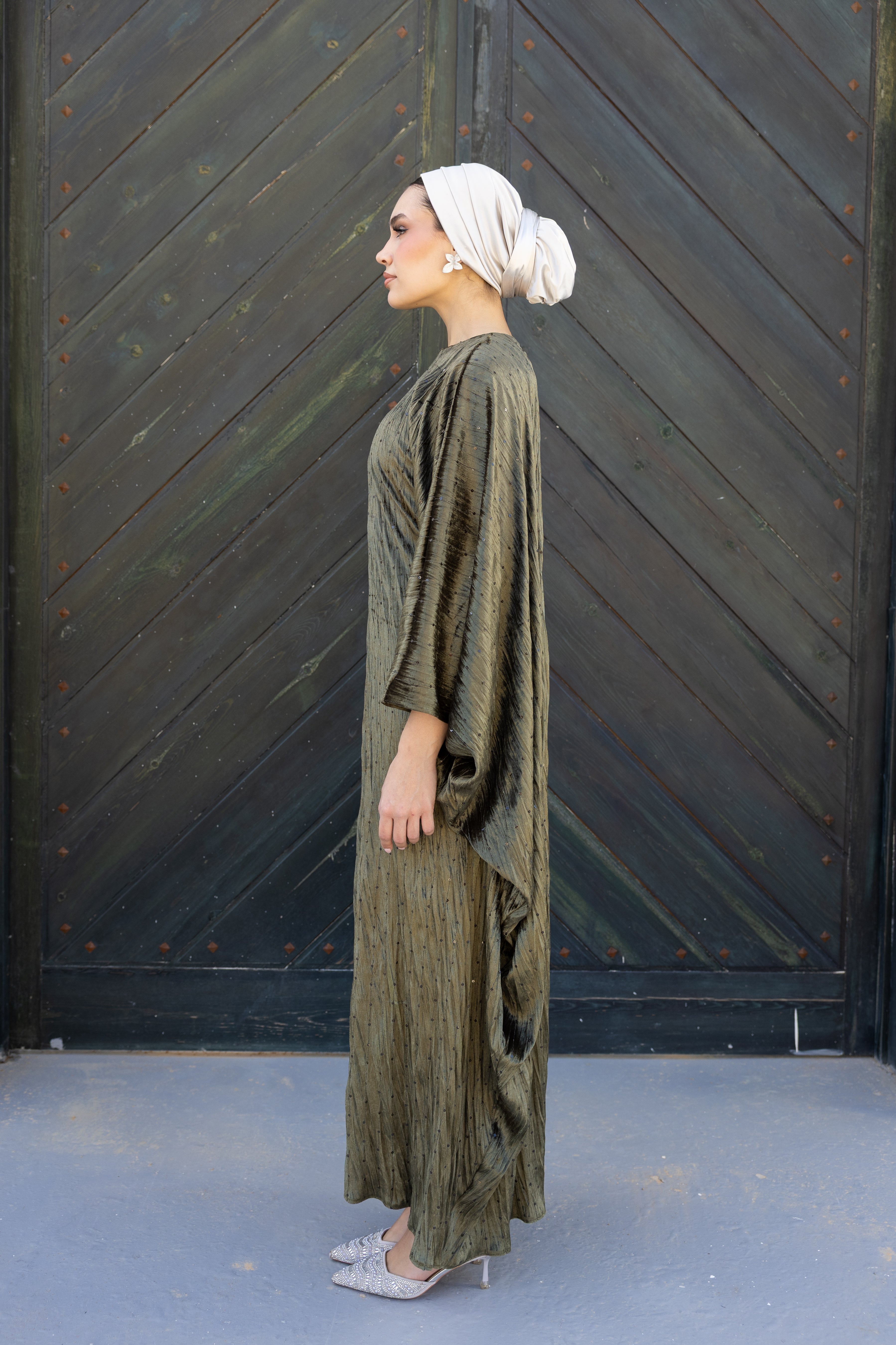 Velvet Butterfly Abaya - Olive green