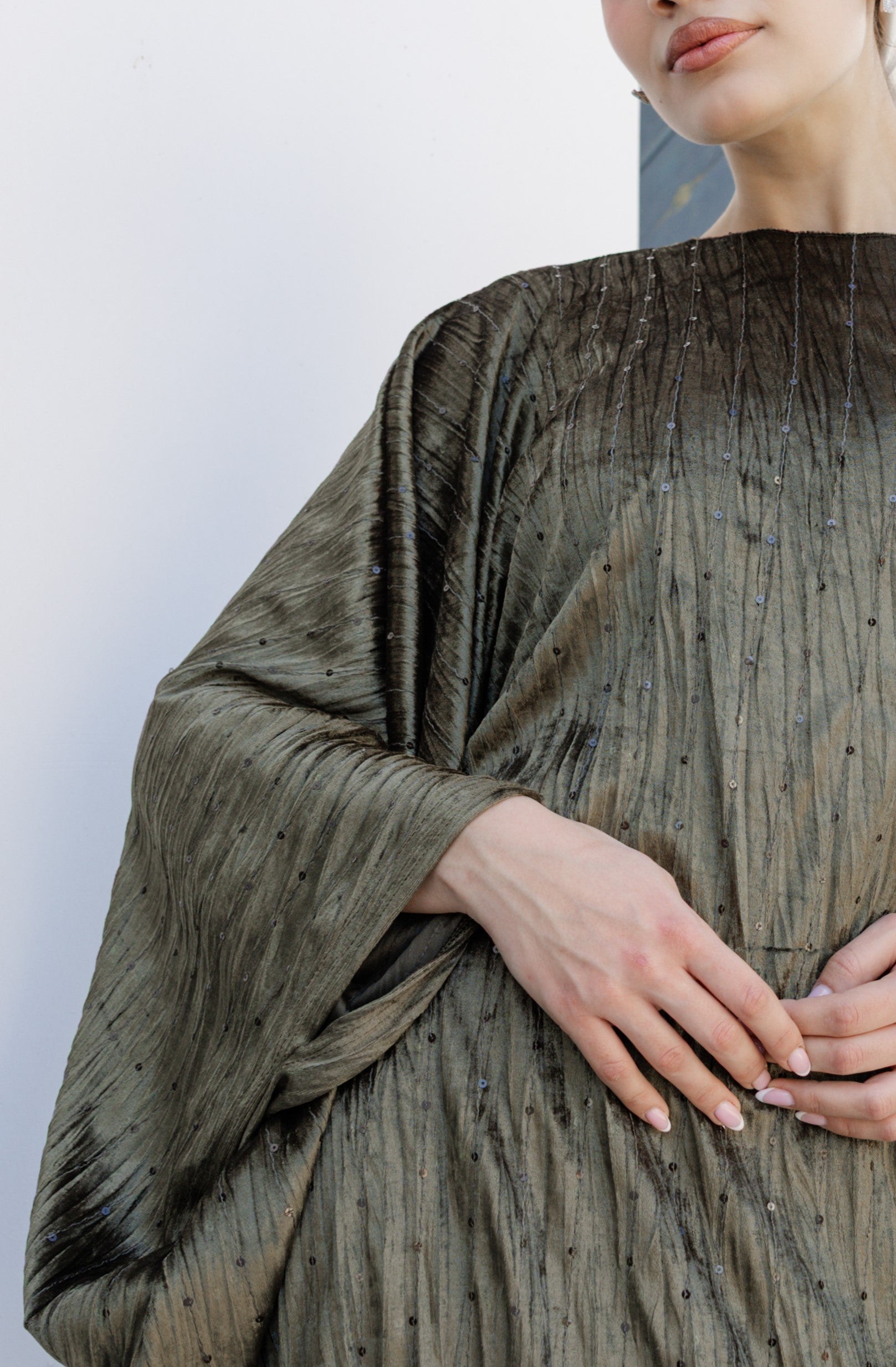 Velvet Butterfly Abaya - Olive green