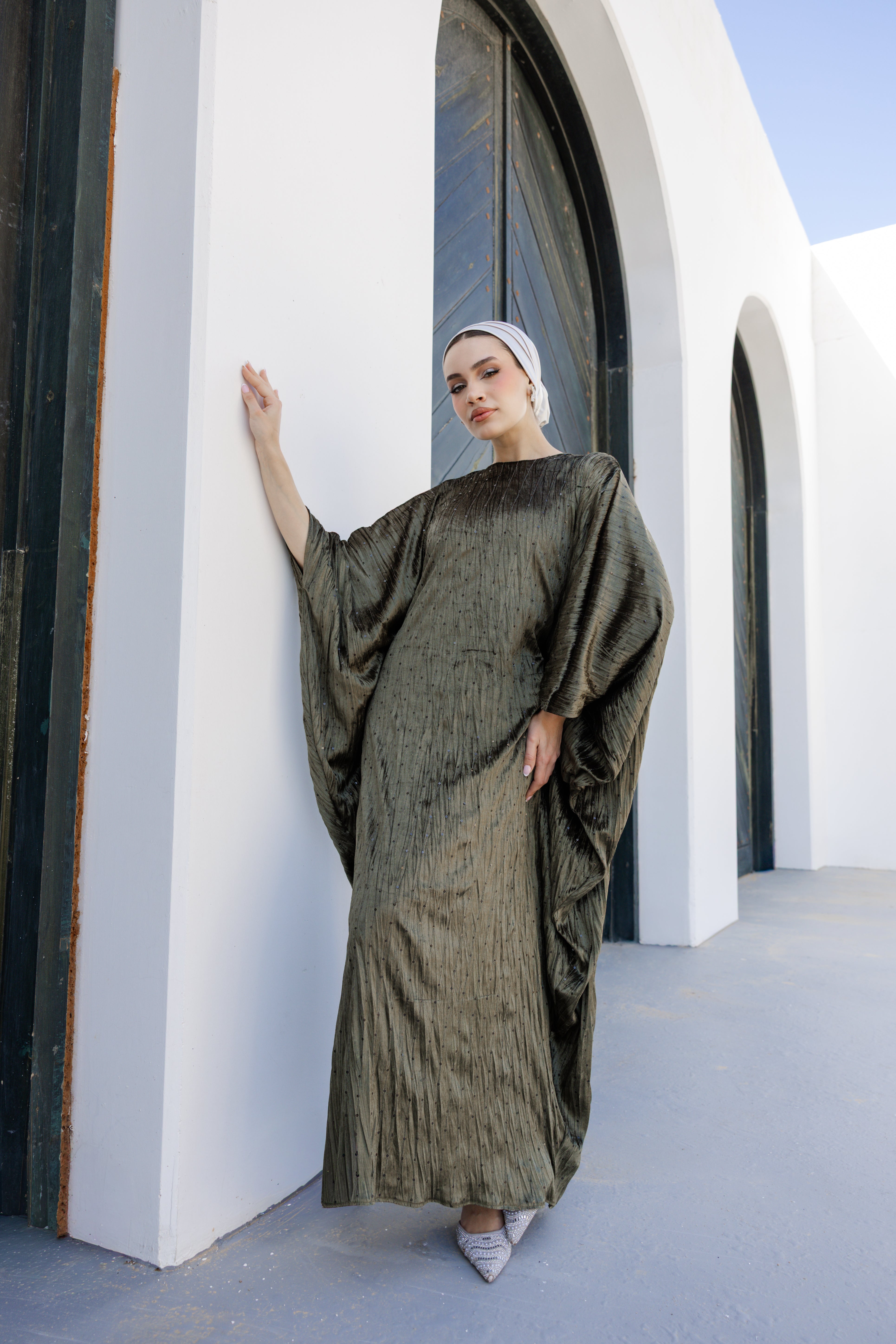 Velvet Butterfly Abaya - Olive green