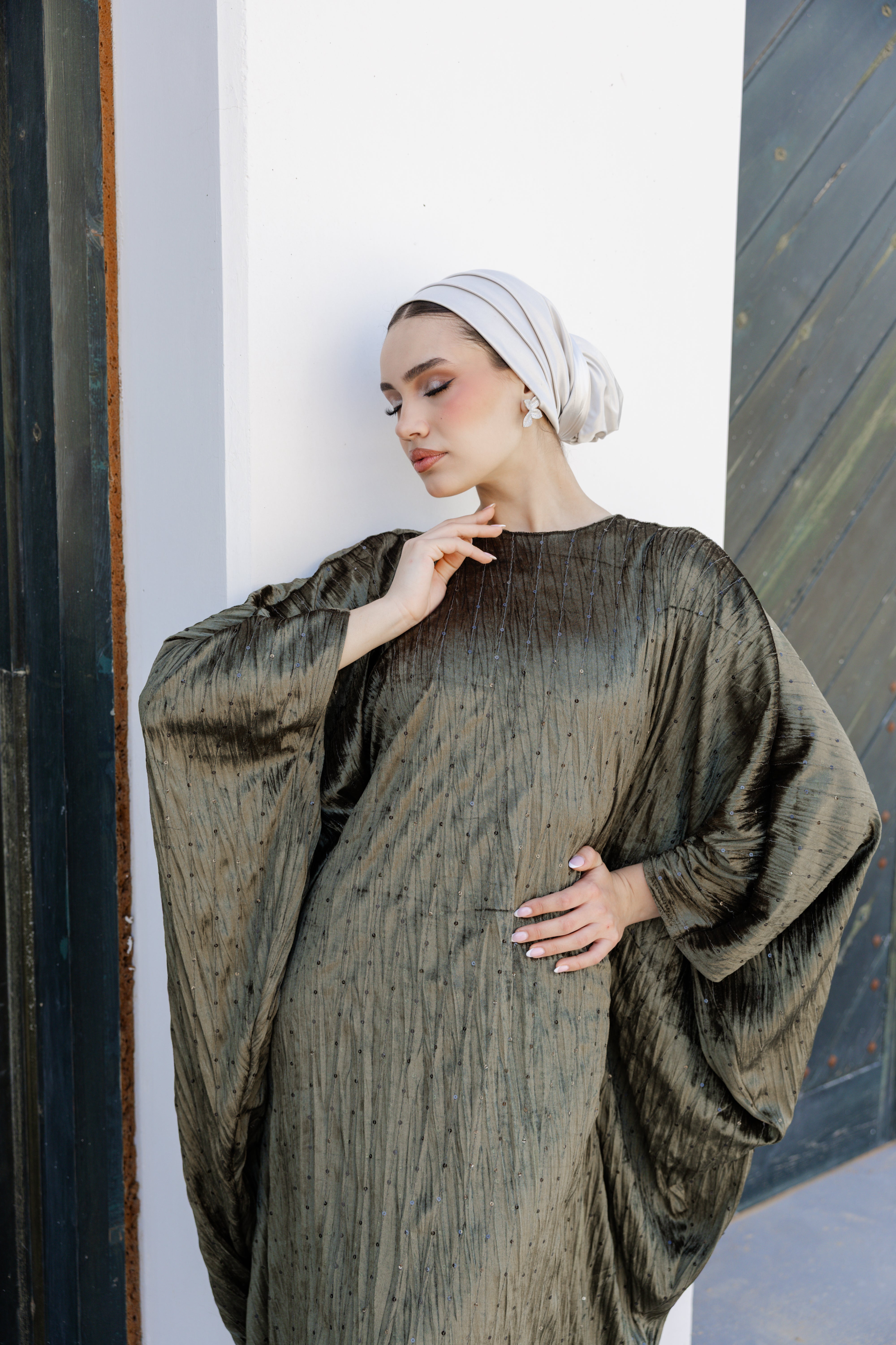 Velvet Butterfly Abaya - Olive green